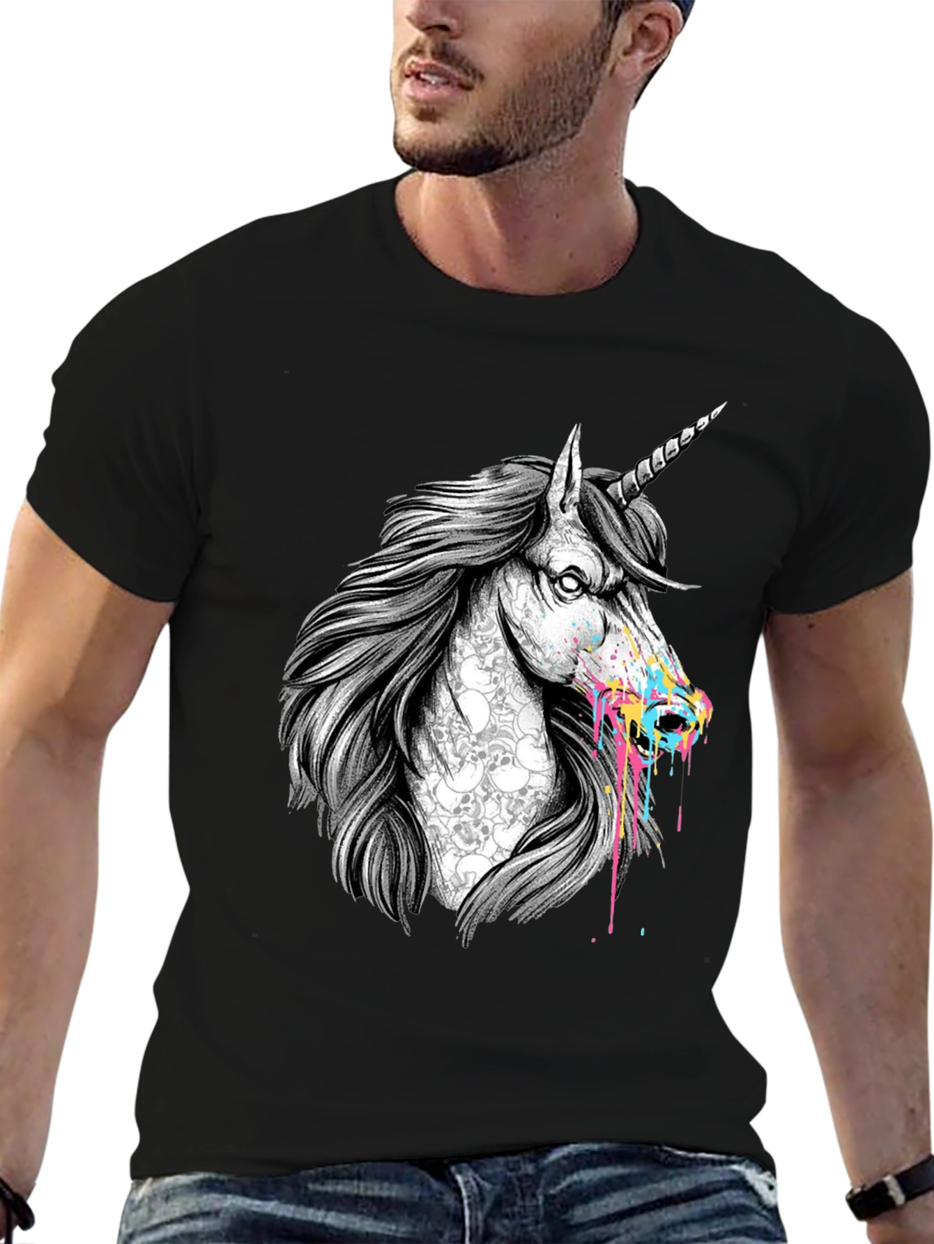Unicorn Skull Graphic Print Black T-Shirt