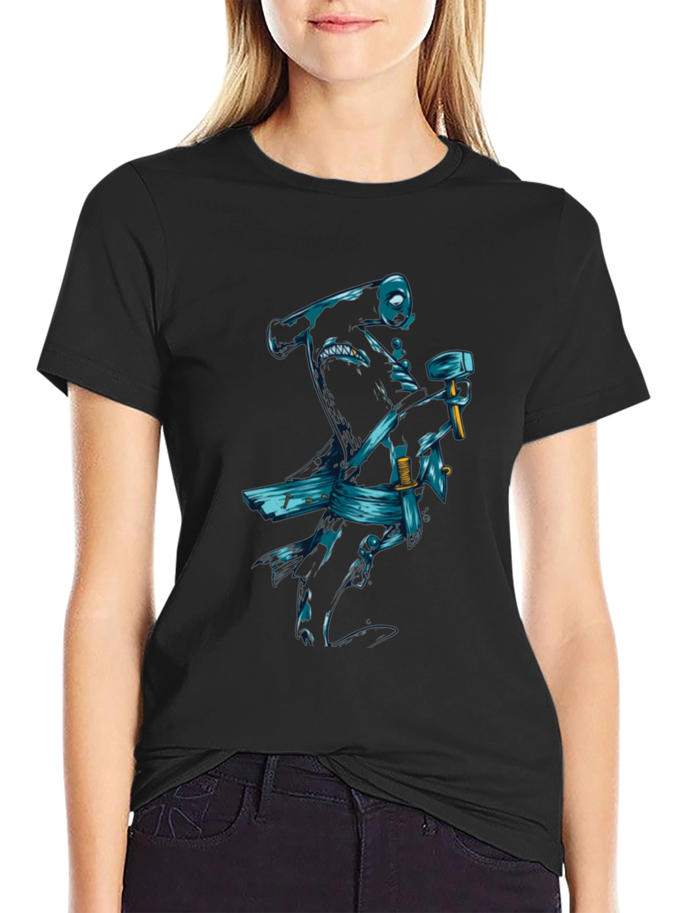 Black T-Shirt with Samurai Shark Graphic