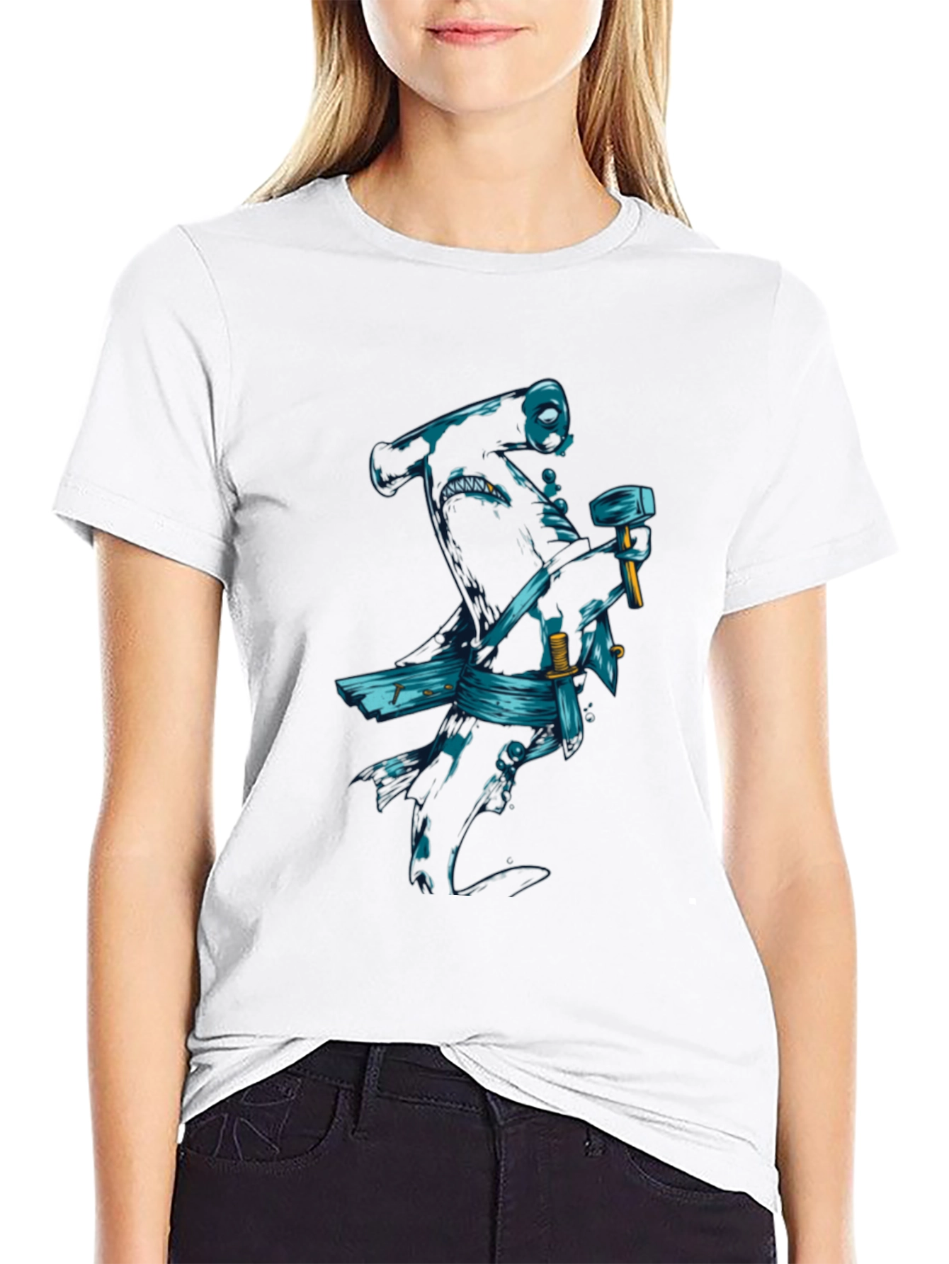 Black T-Shirt with Samurai Shark Graphic