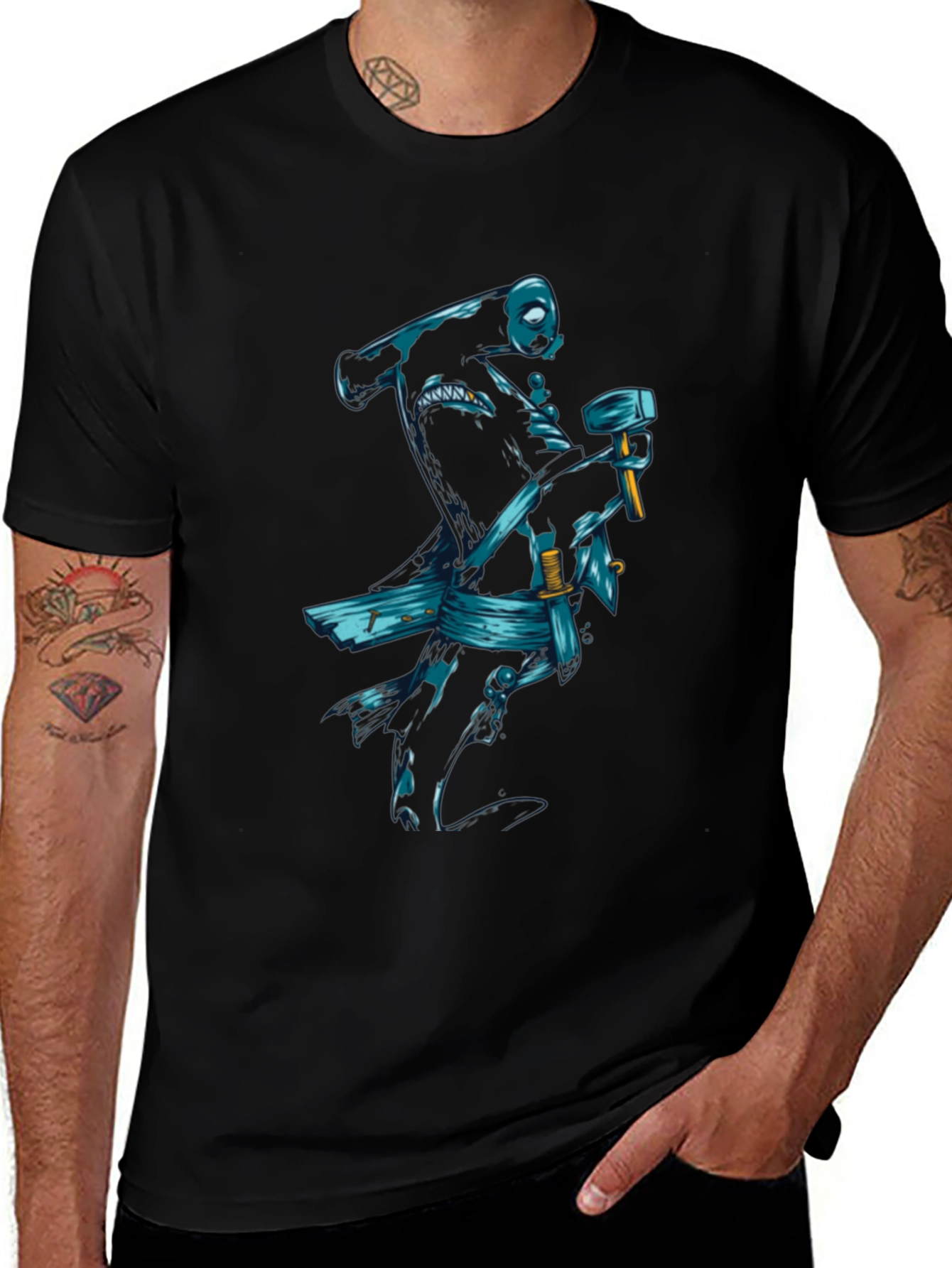 Black T-Shirt with Samurai Shark Graphic