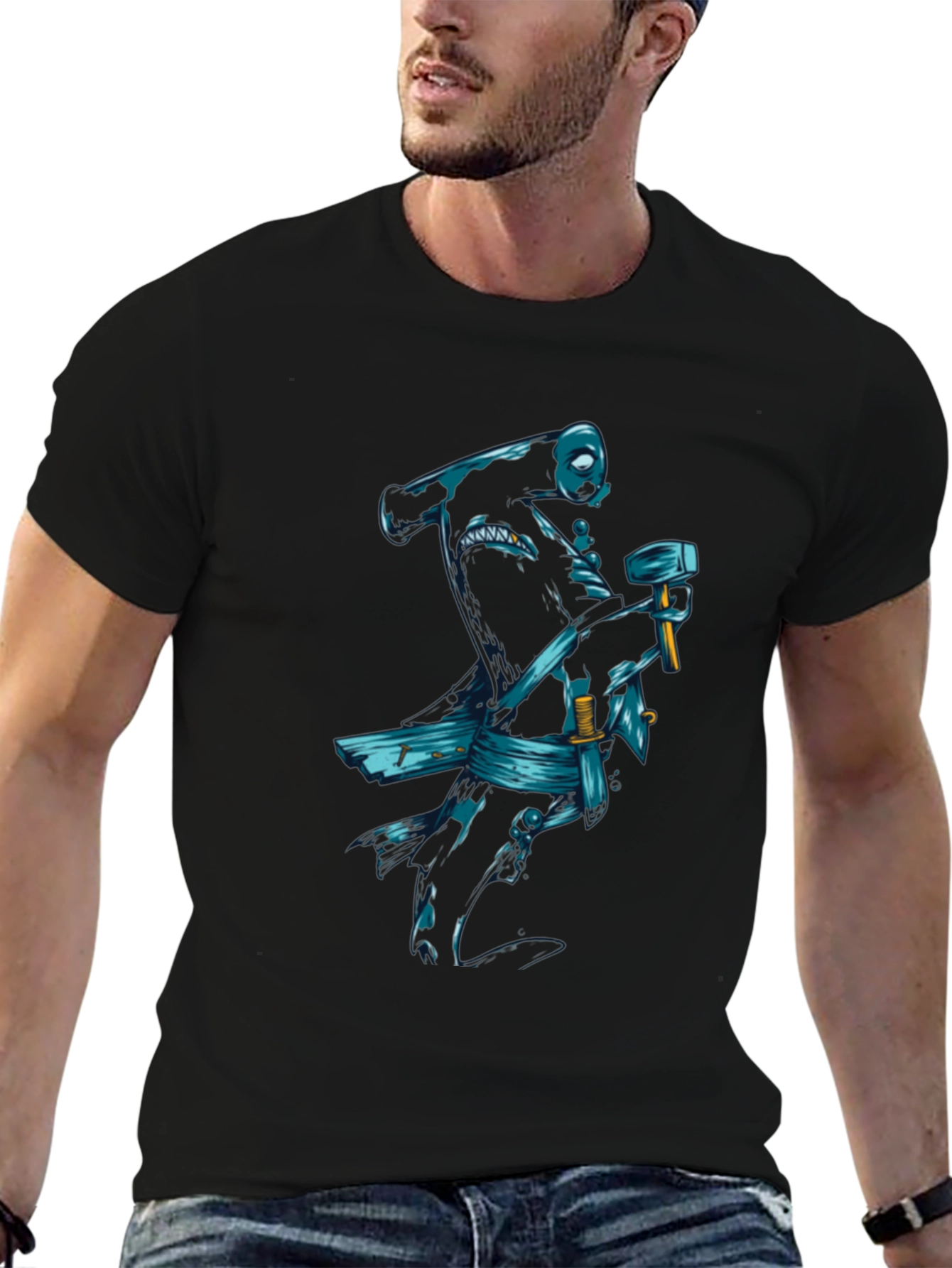 Black T-Shirt with Samurai Shark Graphic