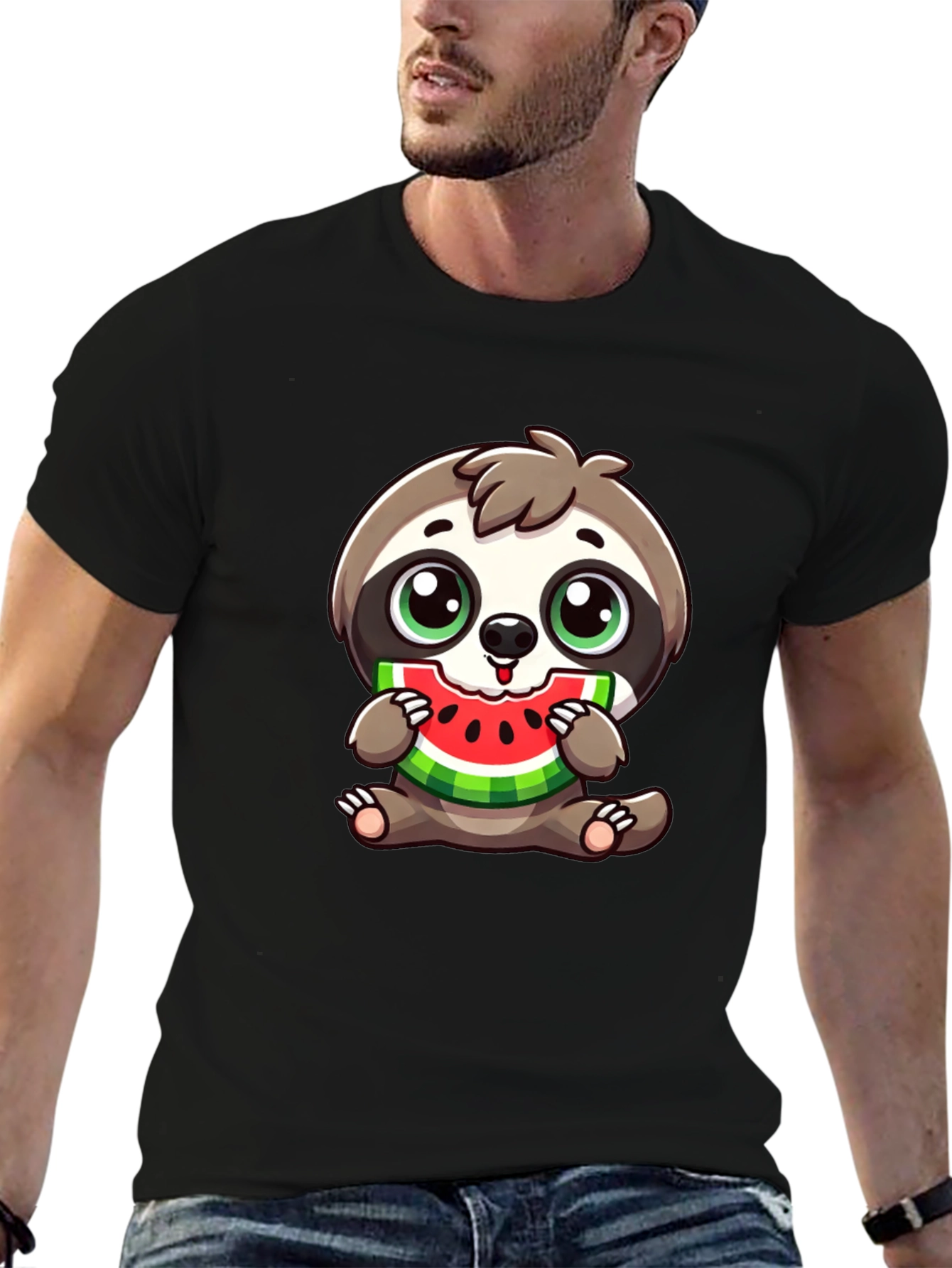 Sloth Eating Watermelon Black T-Shirt