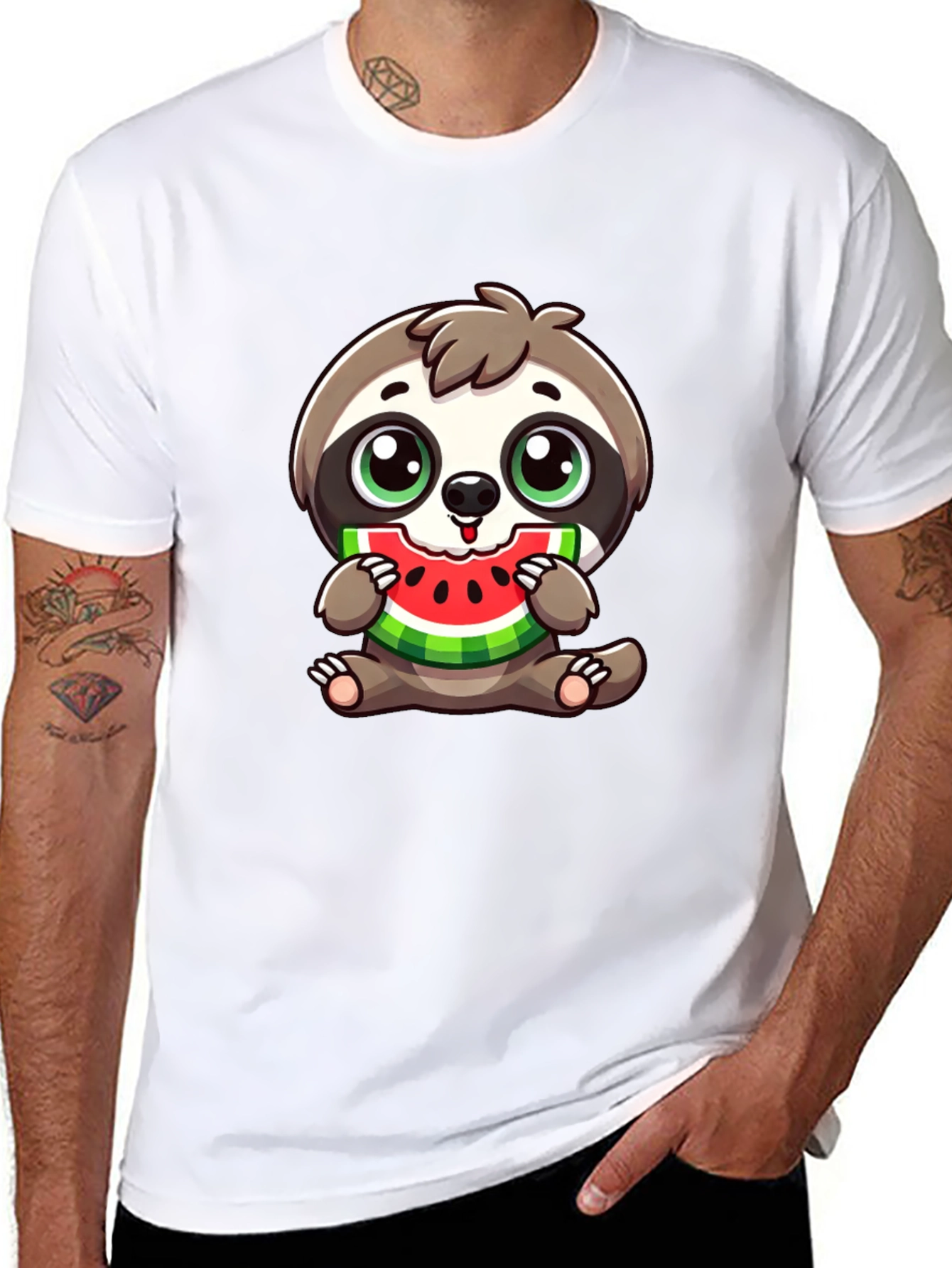 Sloth Eating Watermelon Black T-Shirt