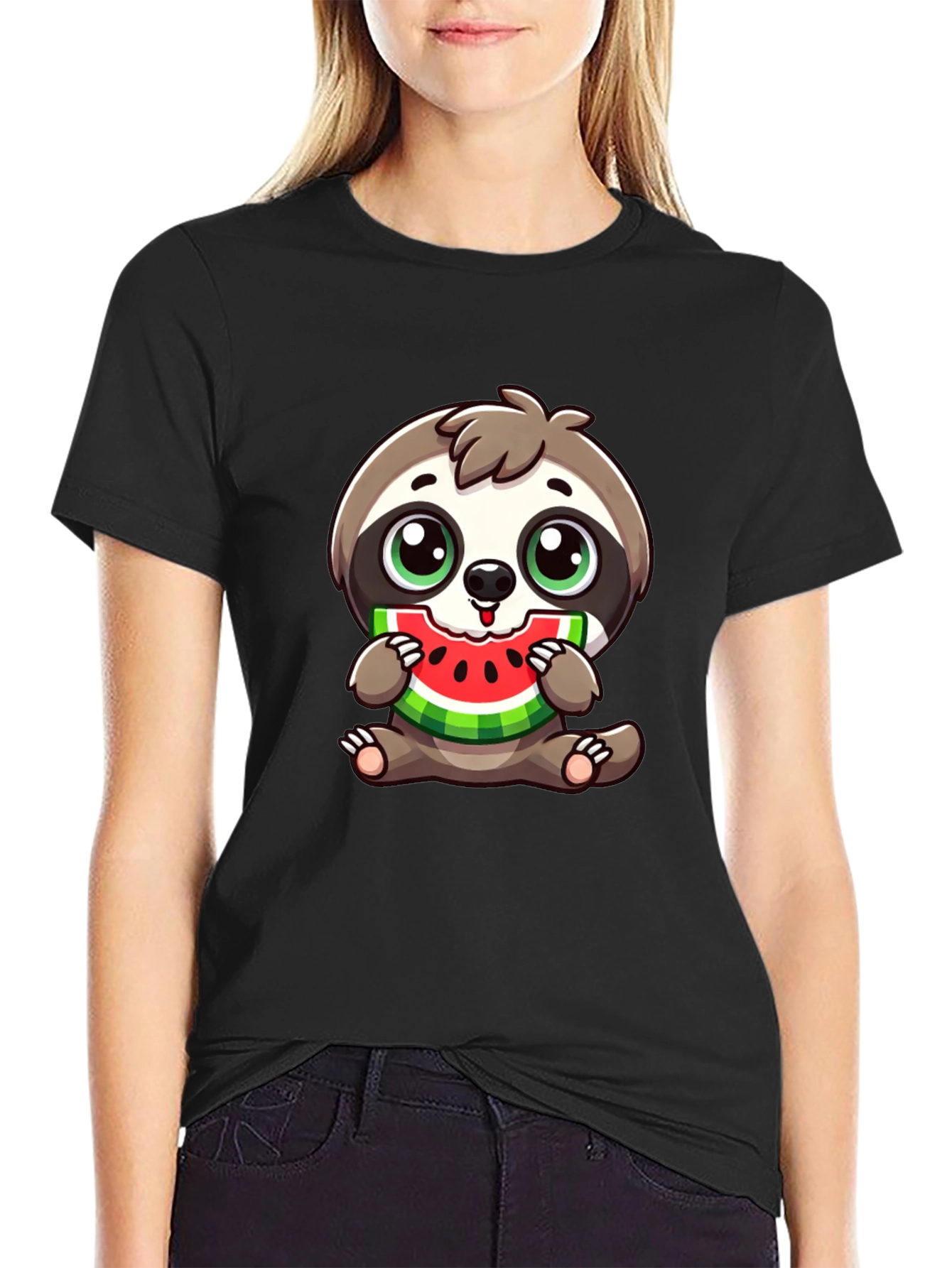 Sloth Eating Watermelon Black T-Shirt