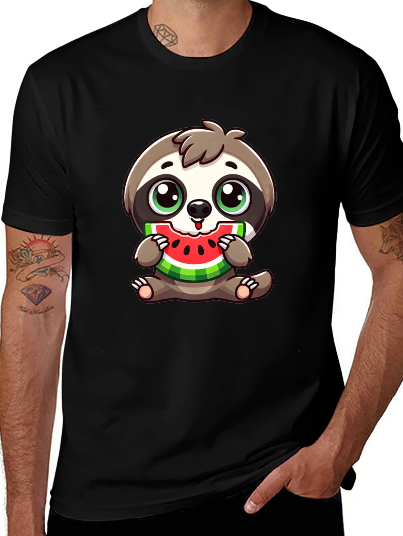 Sloth Eating Watermelon Black T-Shirt