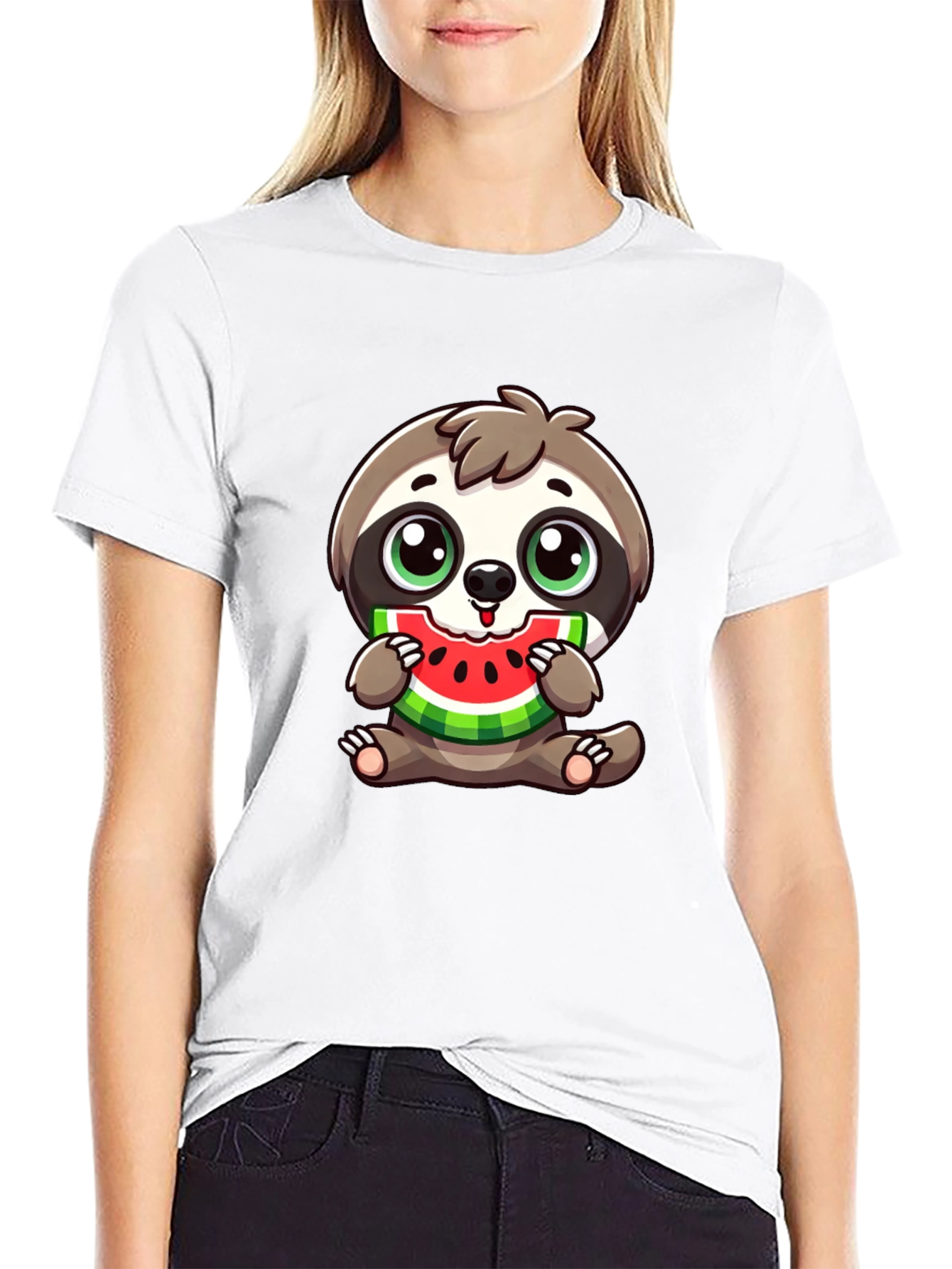 Sloth Eating Watermelon Black T-Shirt