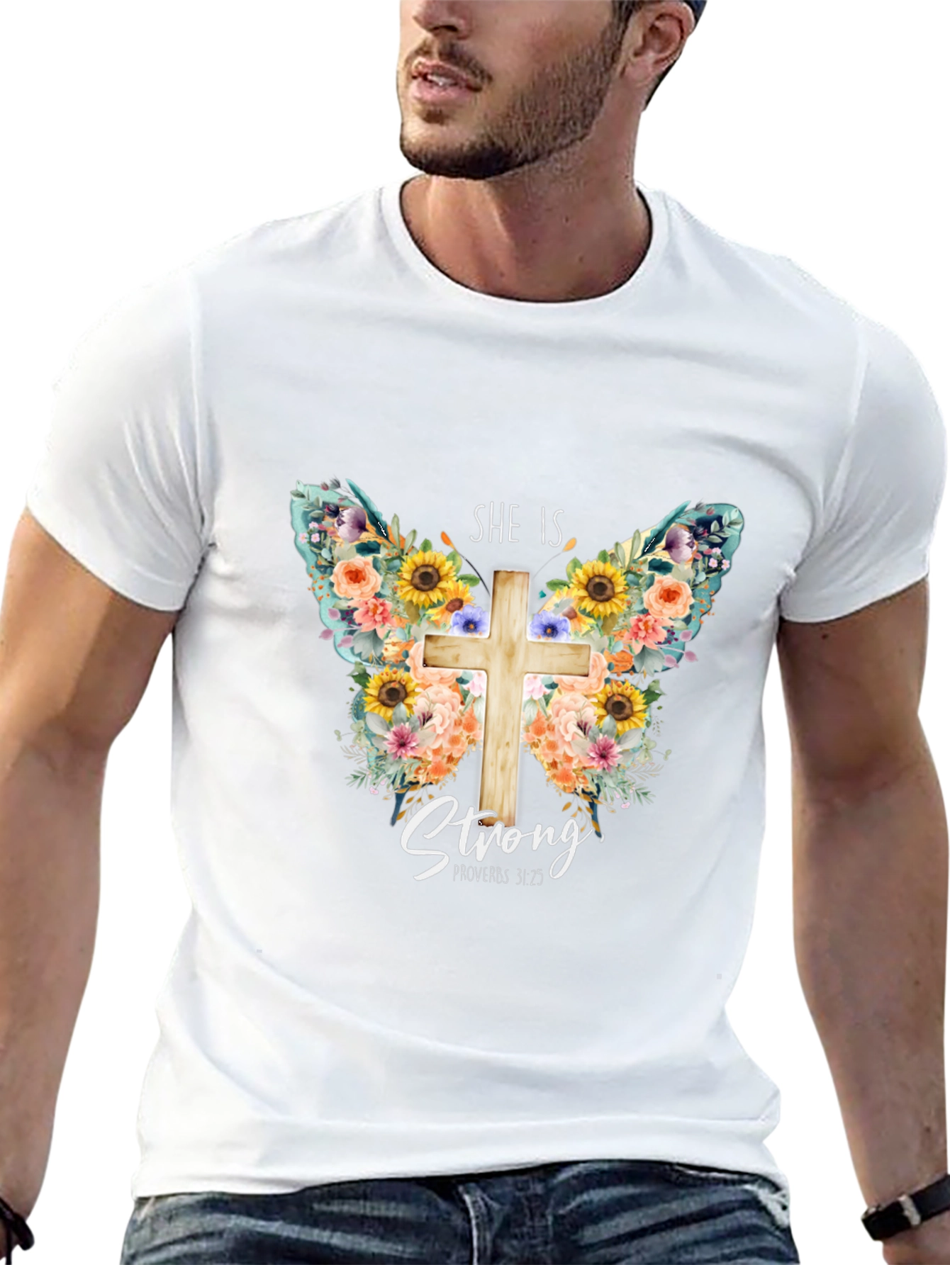 She is Strong Butterfly Cross T-Shirt