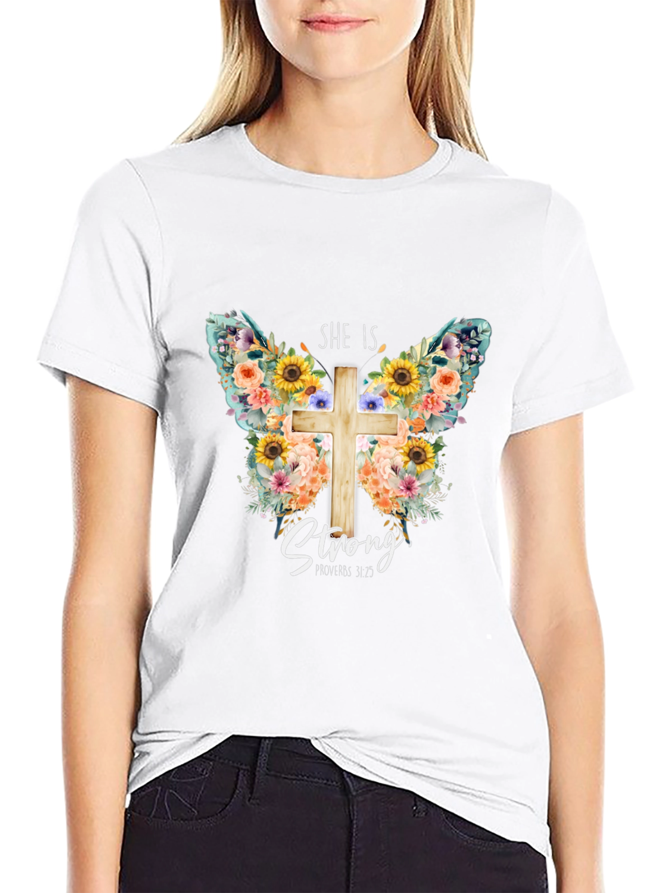 She is Strong Butterfly Cross T-Shirt