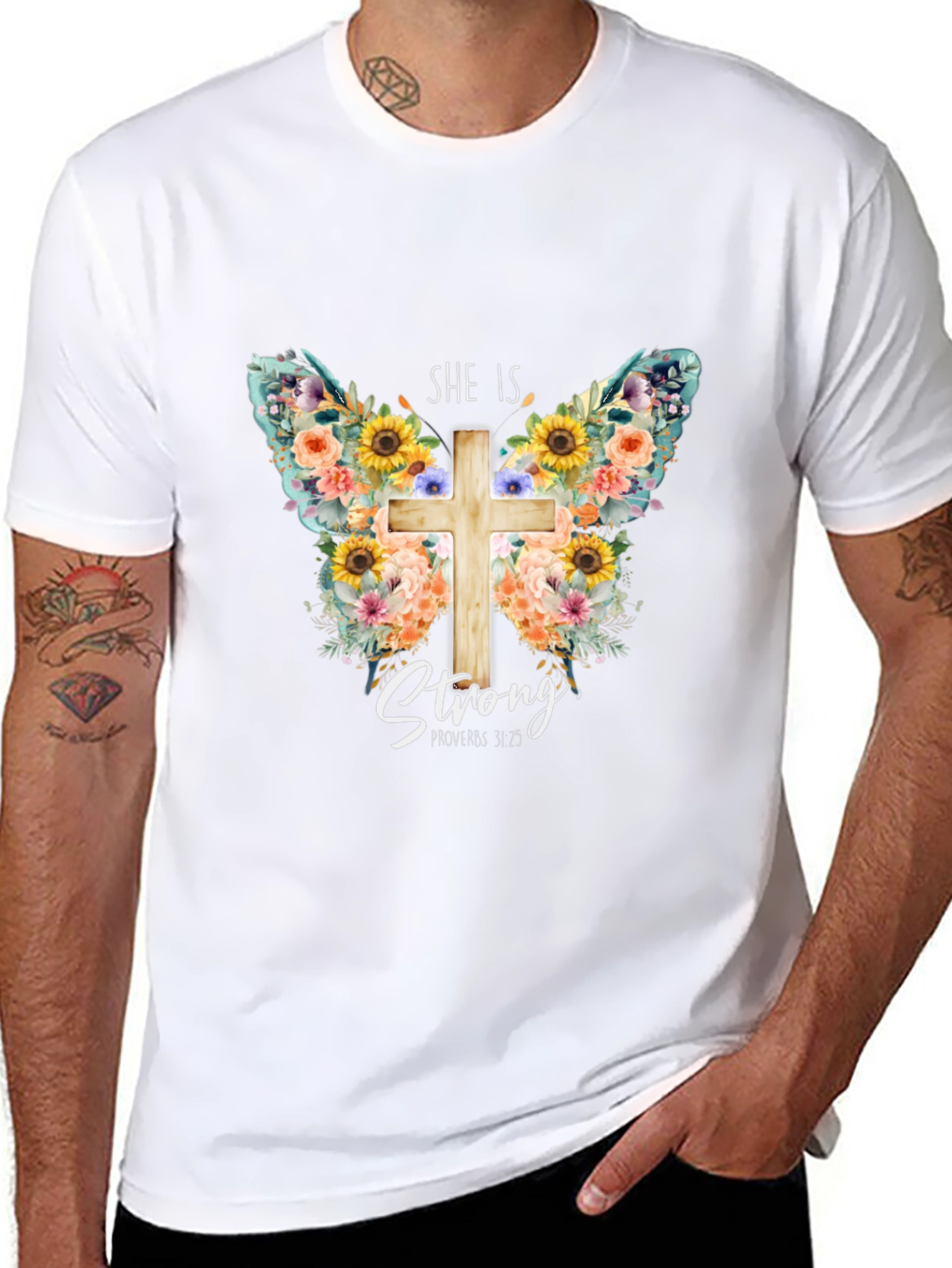 She is Strong Butterfly Cross T-Shirt