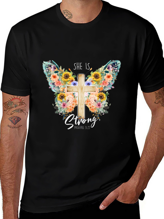 She is Strong Butterfly Cross T-Shirt