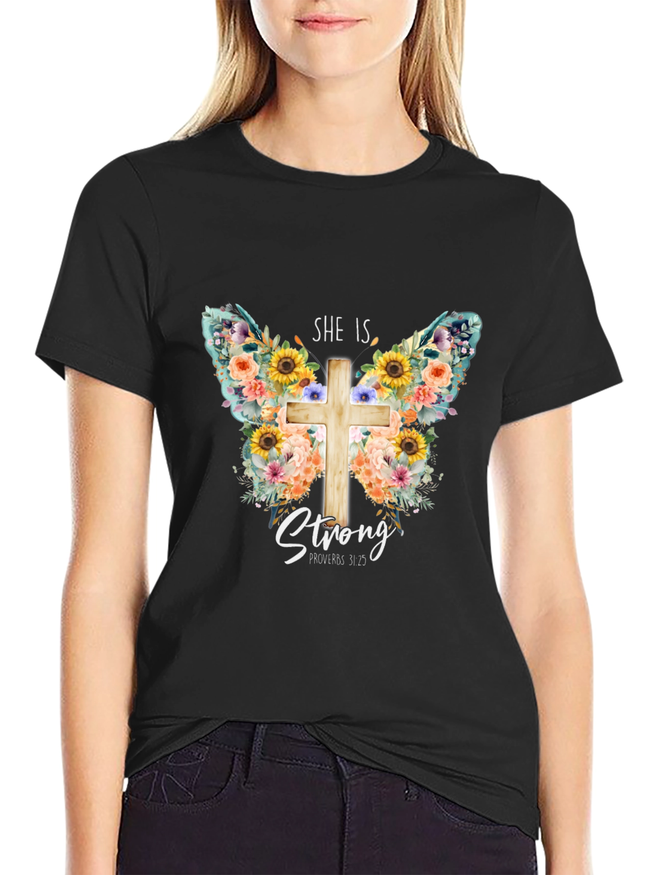 She is Strong Butterfly Cross T-Shirt
