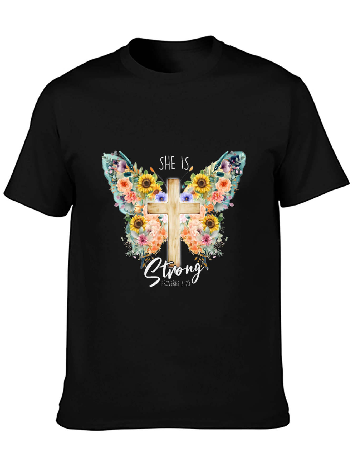 She is Strong Butterfly Cross T-Shirt