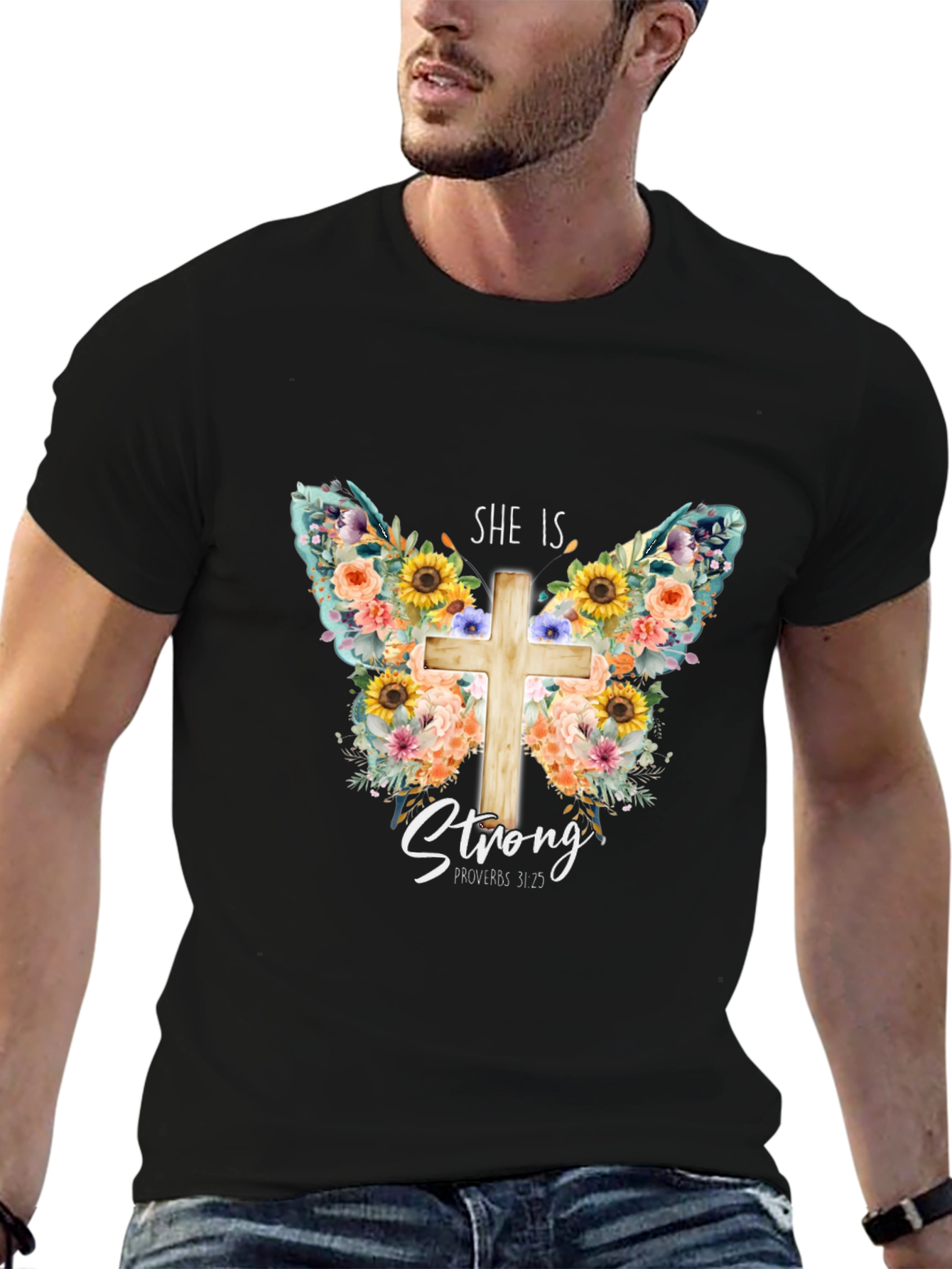She is Strong Butterfly Cross T-Shirt