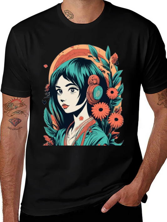Anime Girl Graphic Tee - Floral & Headphones Design