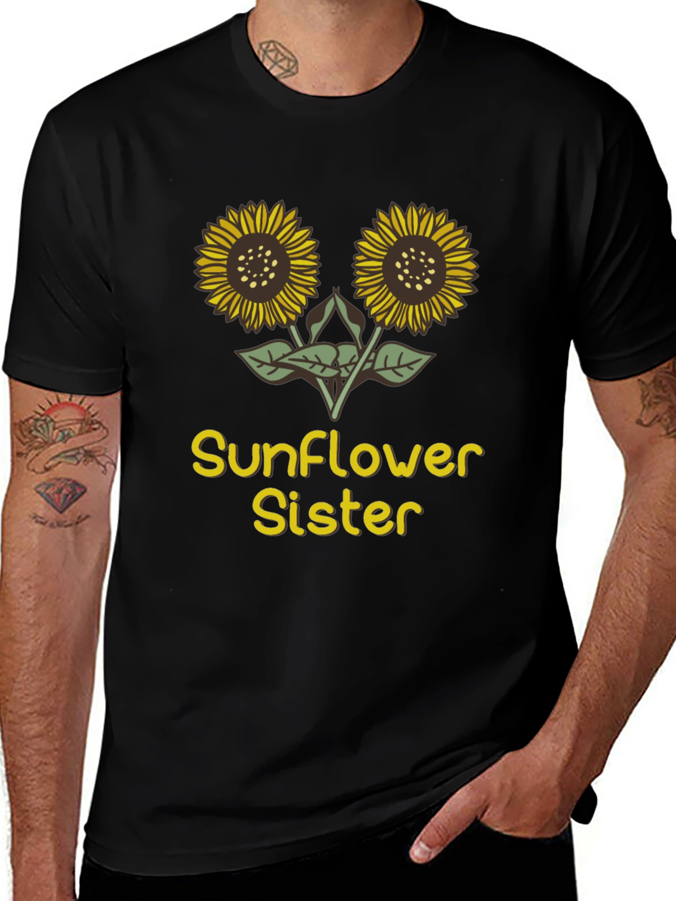 Sunflower Sister Graphic Tee - Black Cotton T-Shirt