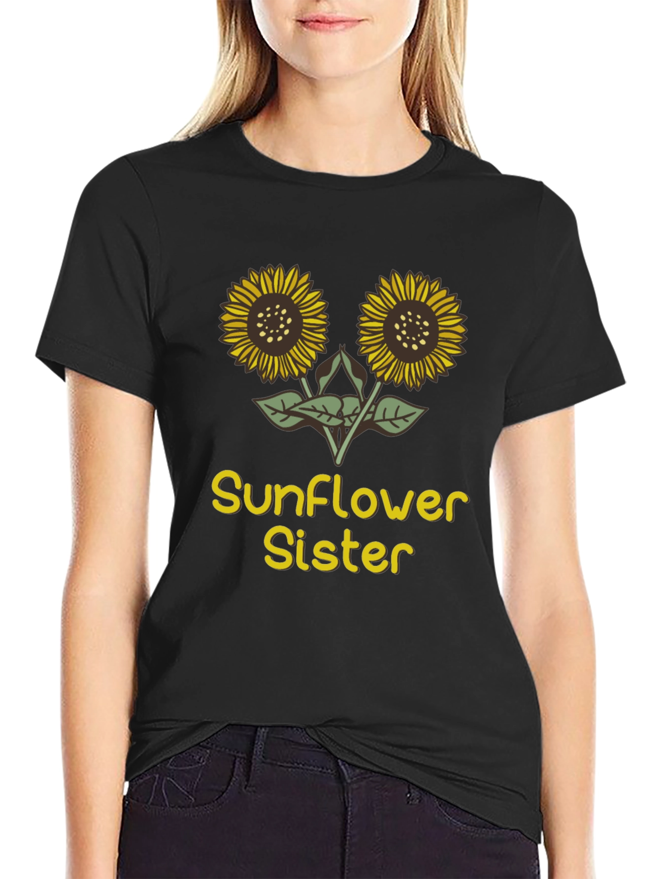 Sunflower Sister Graphic Tee - Black Cotton T-Shirt
