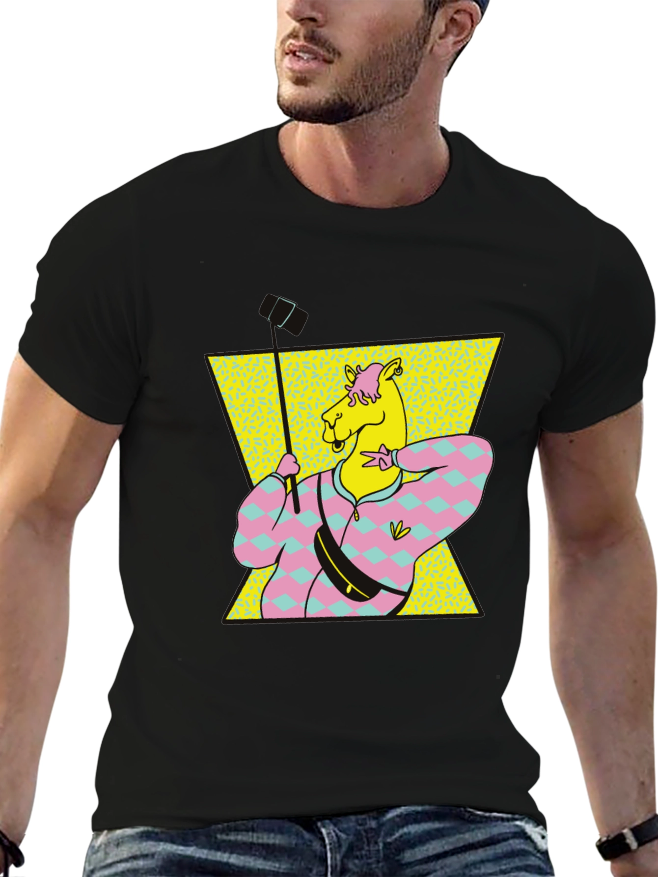 Retro Camel Selfie T-Shirt - Black Cotton Tee