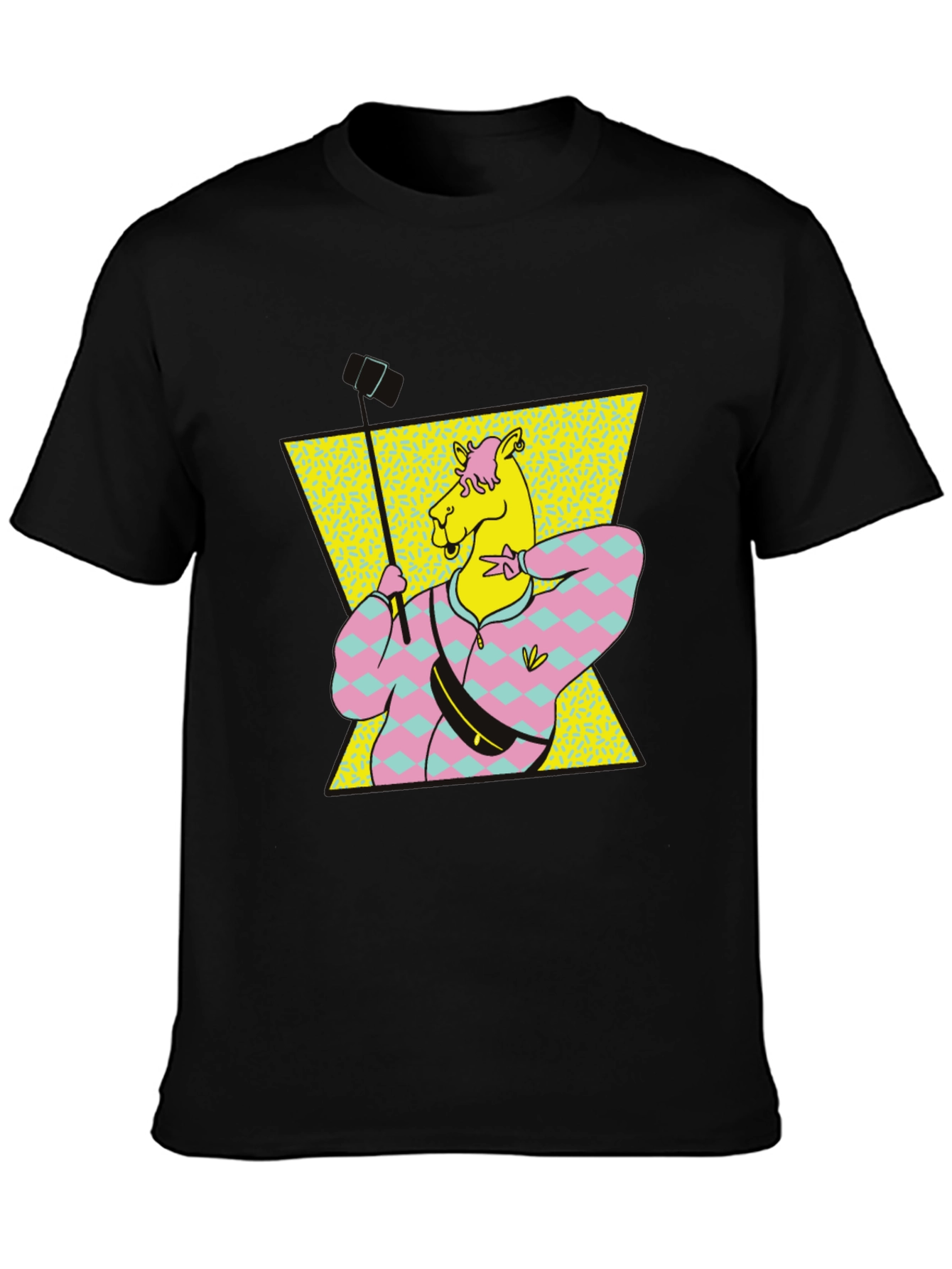Retro Camel Selfie T-Shirt - Black Cotton Tee