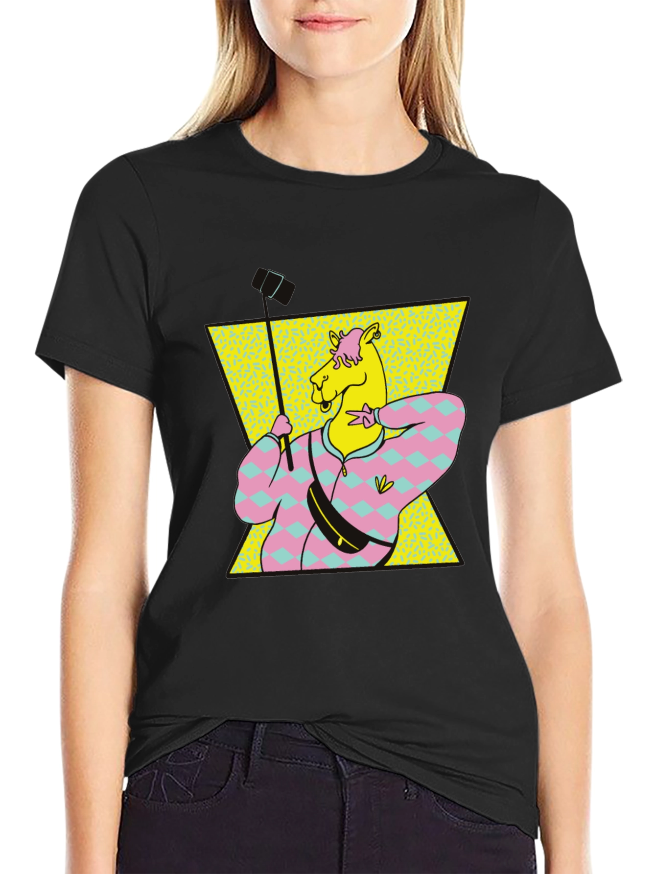 Retro Camel Selfie T-Shirt - Black Cotton Tee