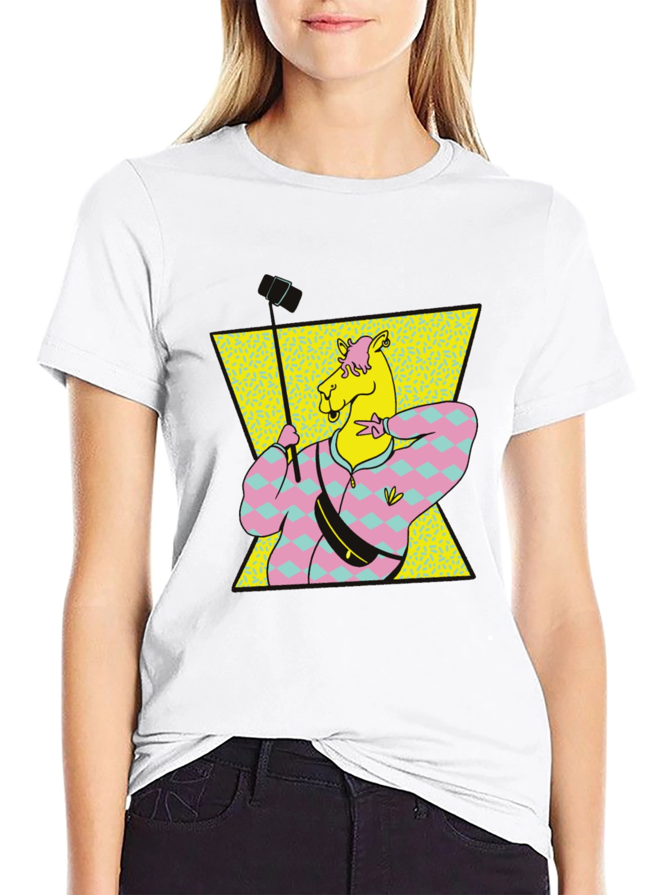 Retro Camel Selfie T-Shirt - Black Cotton Tee
