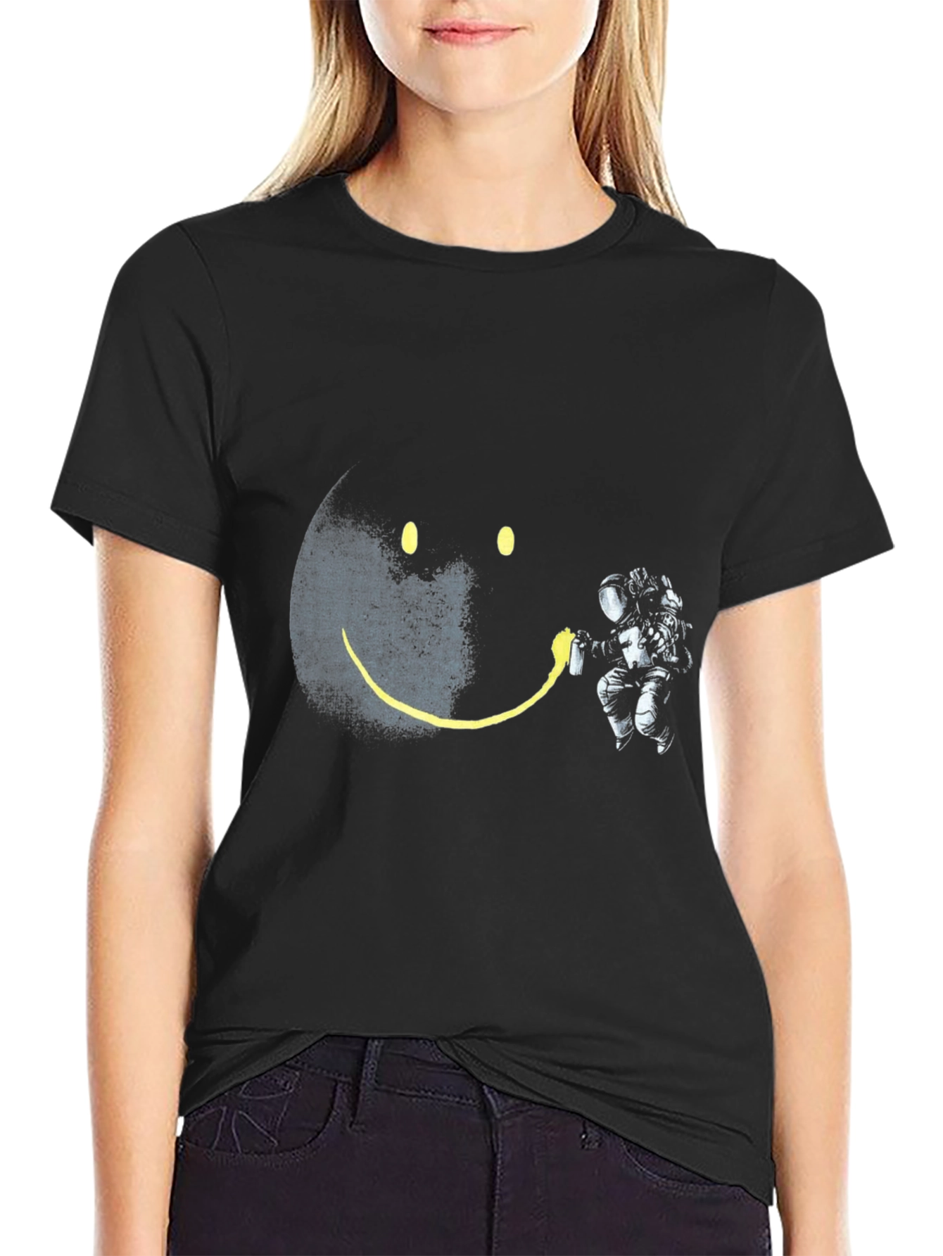 Astronaut Smiley Face Black T-Shirt