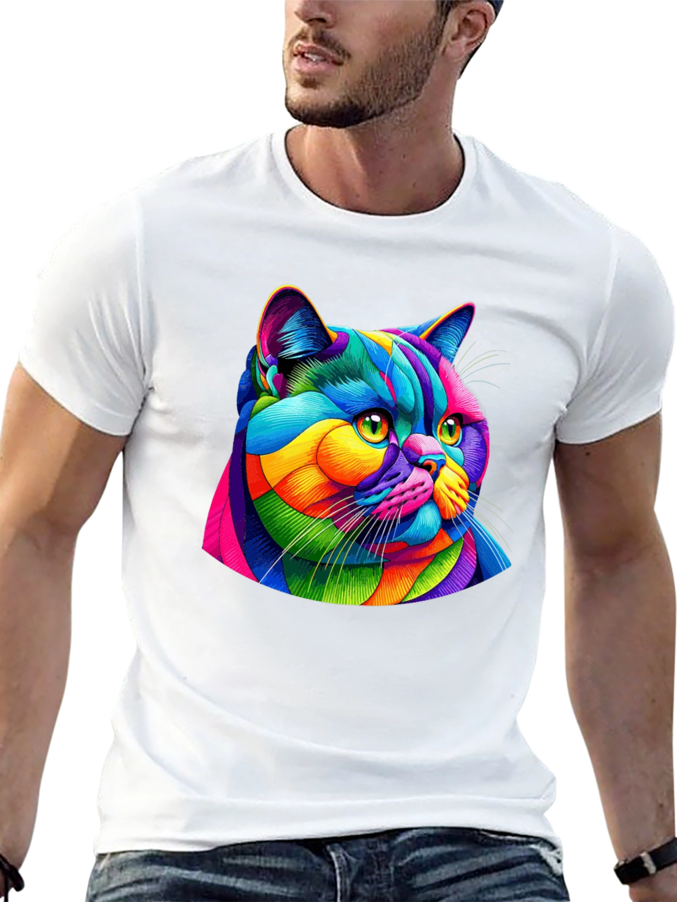 Vibrant Cat Graphic Tee - Mens Black T-Shirt
