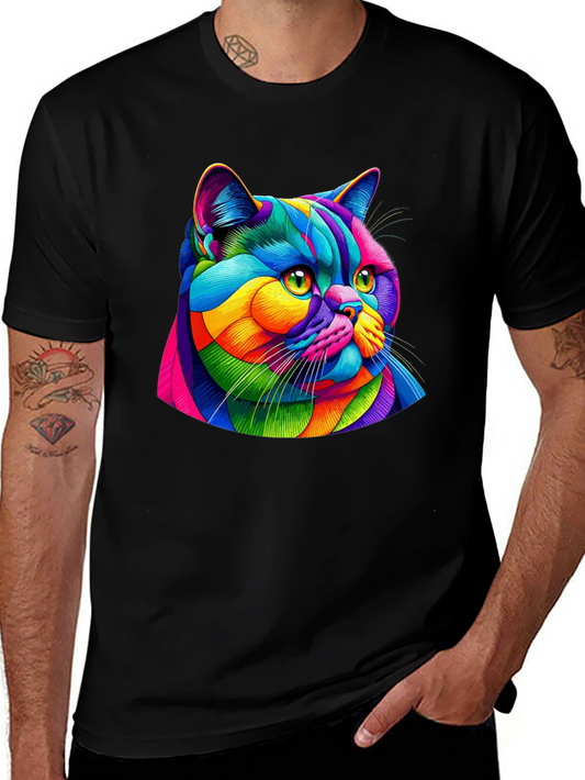 Vibrant Cat Graphic Tee - Mens Black T-Shirt