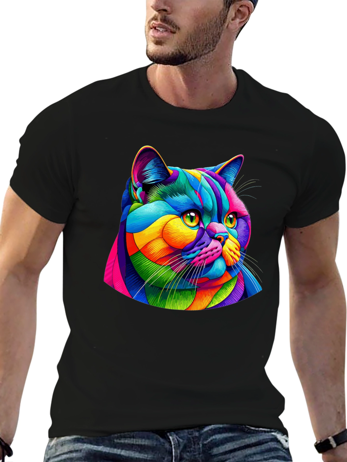 Vibrant Cat Graphic Tee - Mens Black T-Shirt
