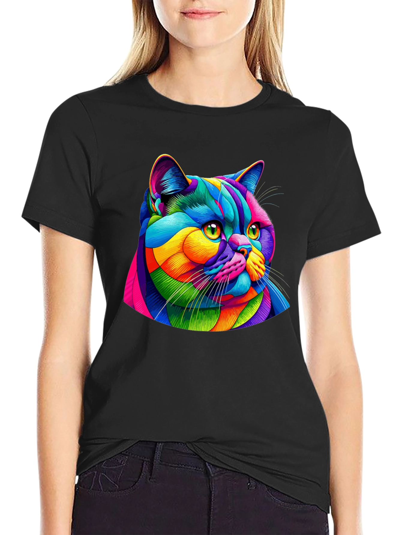 Vibrant Cat Graphic Tee - Mens Black T-Shirt
