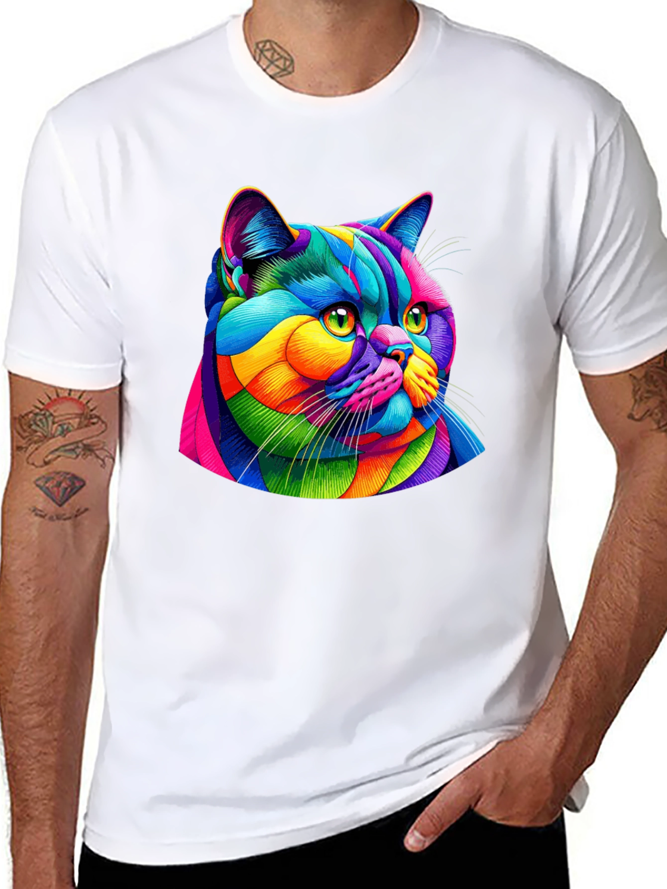 Vibrant Cat Graphic Tee - Mens Black T-Shirt