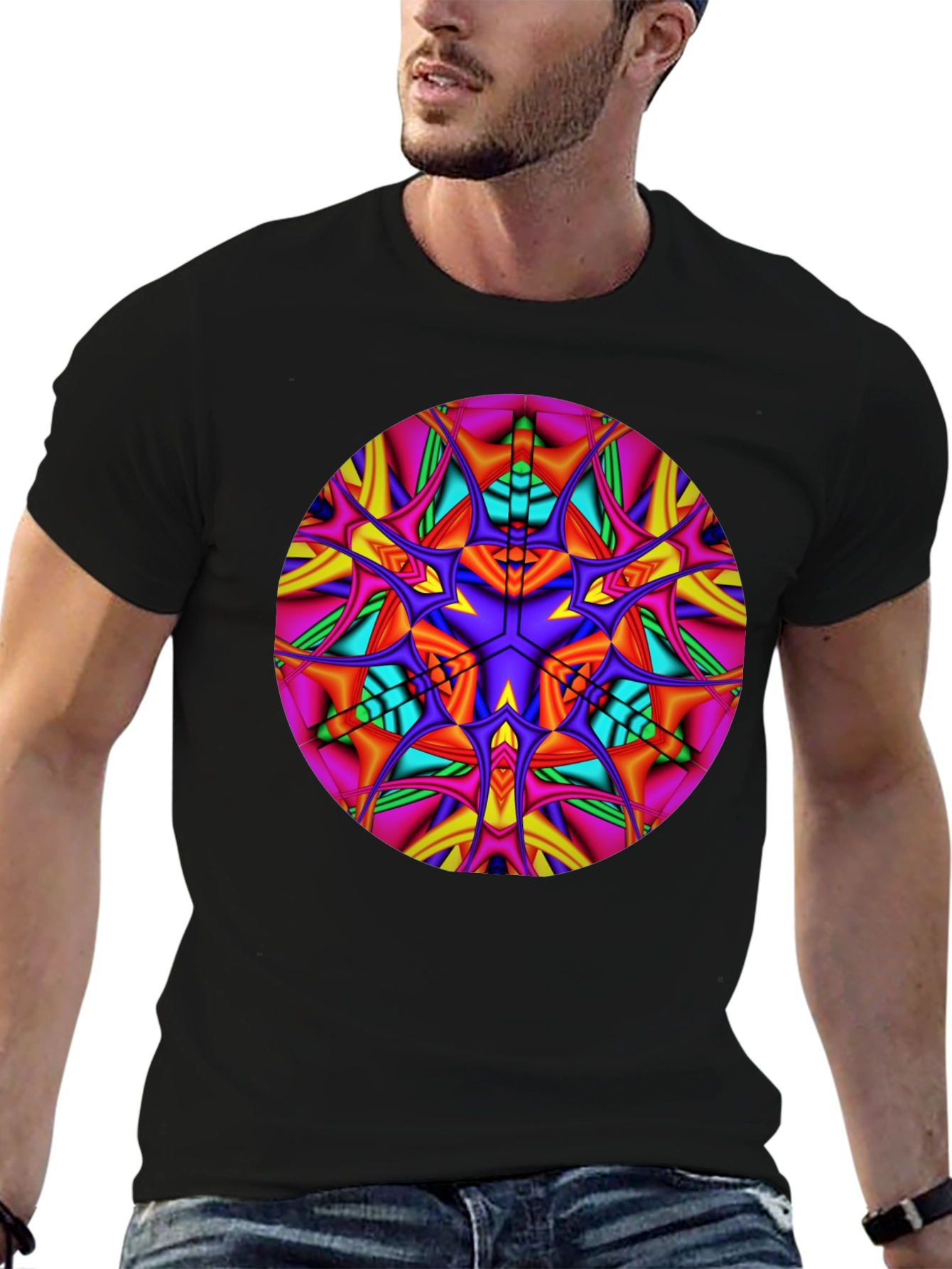 Vibrant Kaleidoscope Mandala Graphic Tee - Black