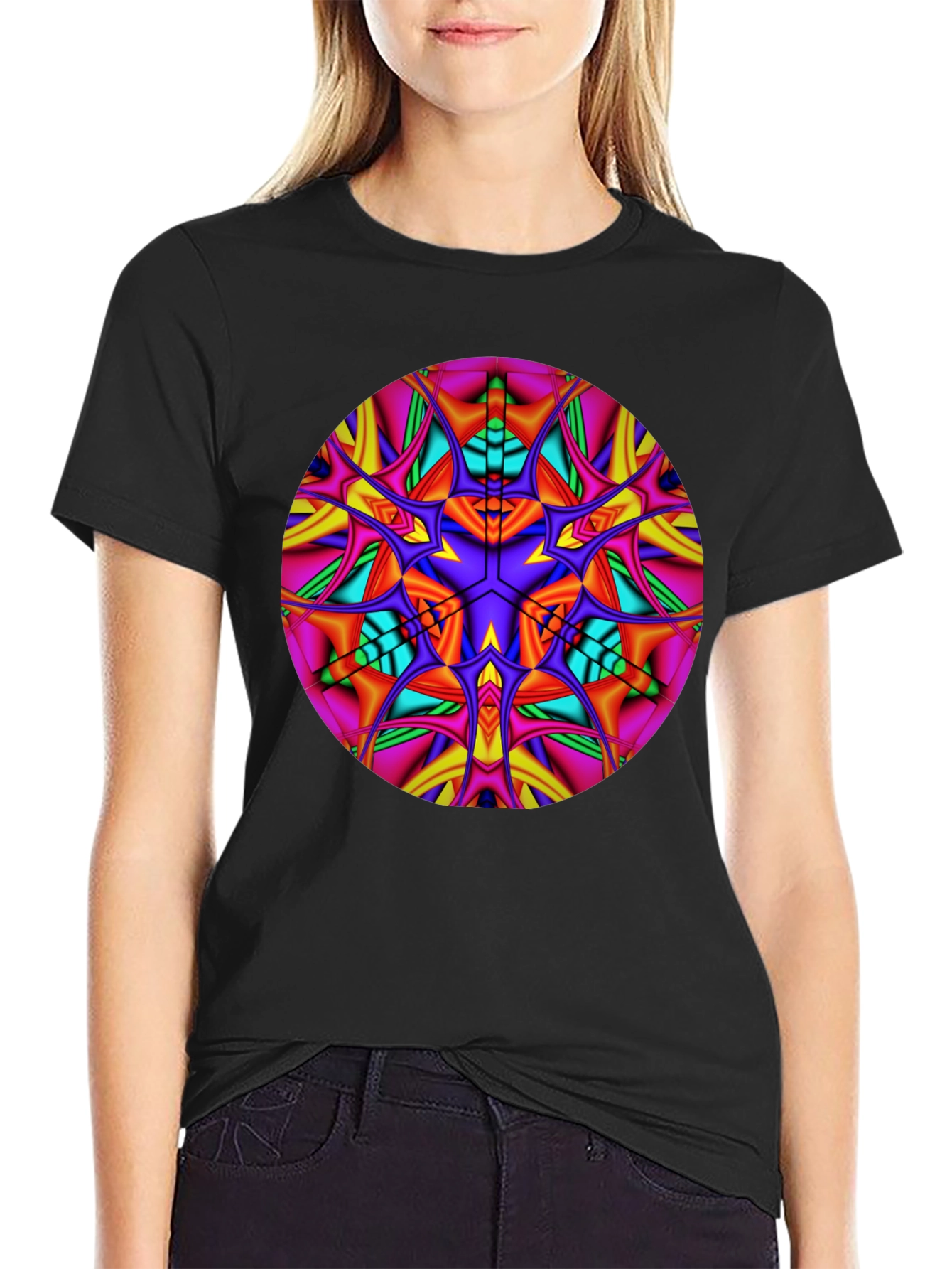 Vibrant Kaleidoscope Mandala Graphic Tee - Black