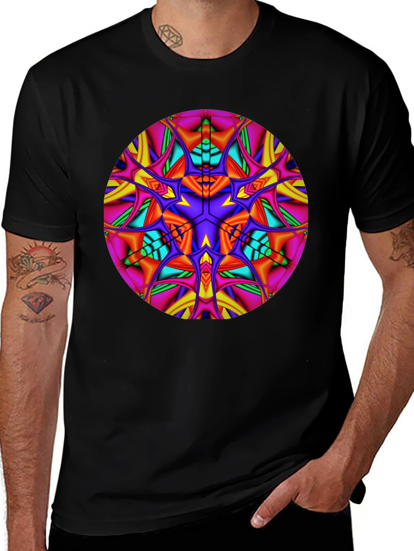 Vibrant Kaleidoscope Mandala Graphic Tee - Black