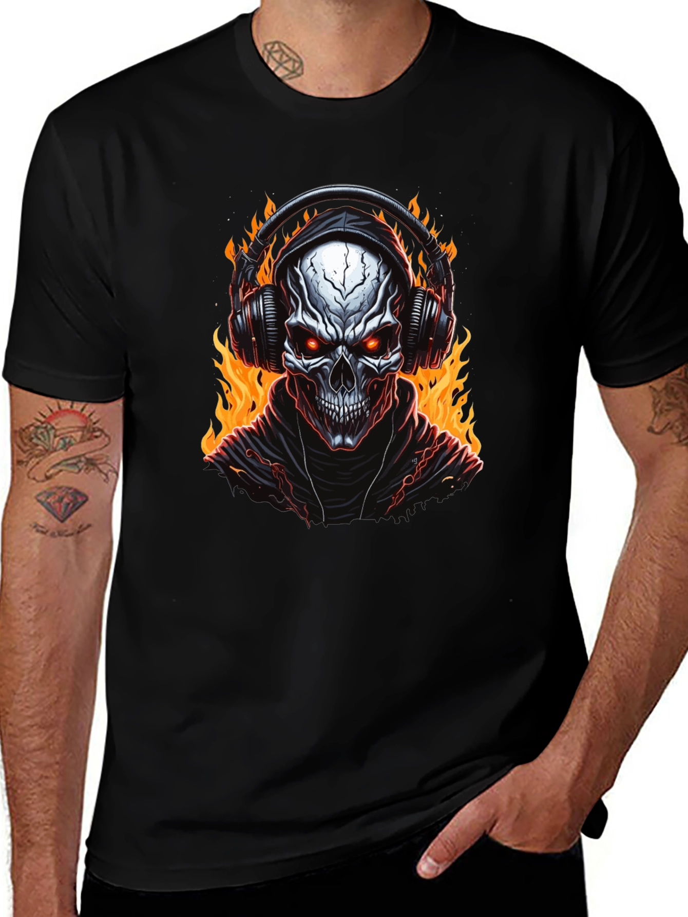 Skull Flames Headphones Graphic Tee - Black