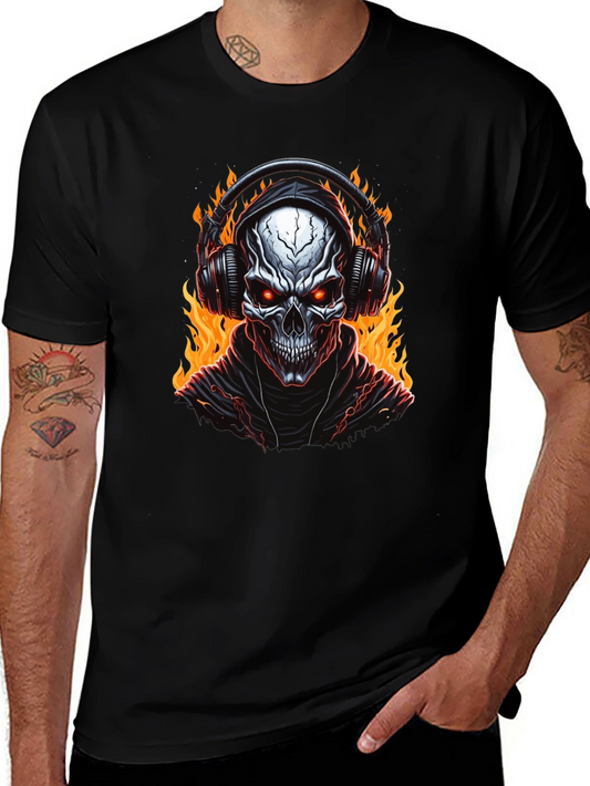 Skull Flames Headphones Graphic Tee - Black