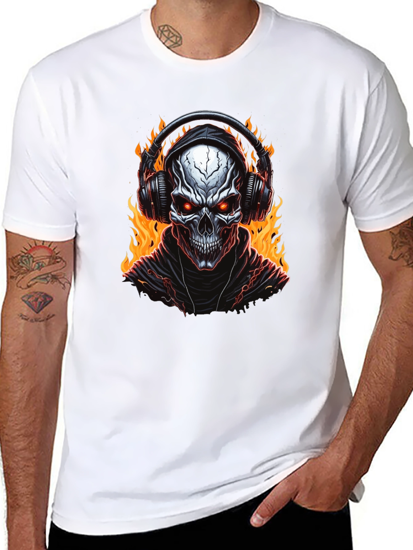 Skull Flames Headphones Graphic Tee - Black