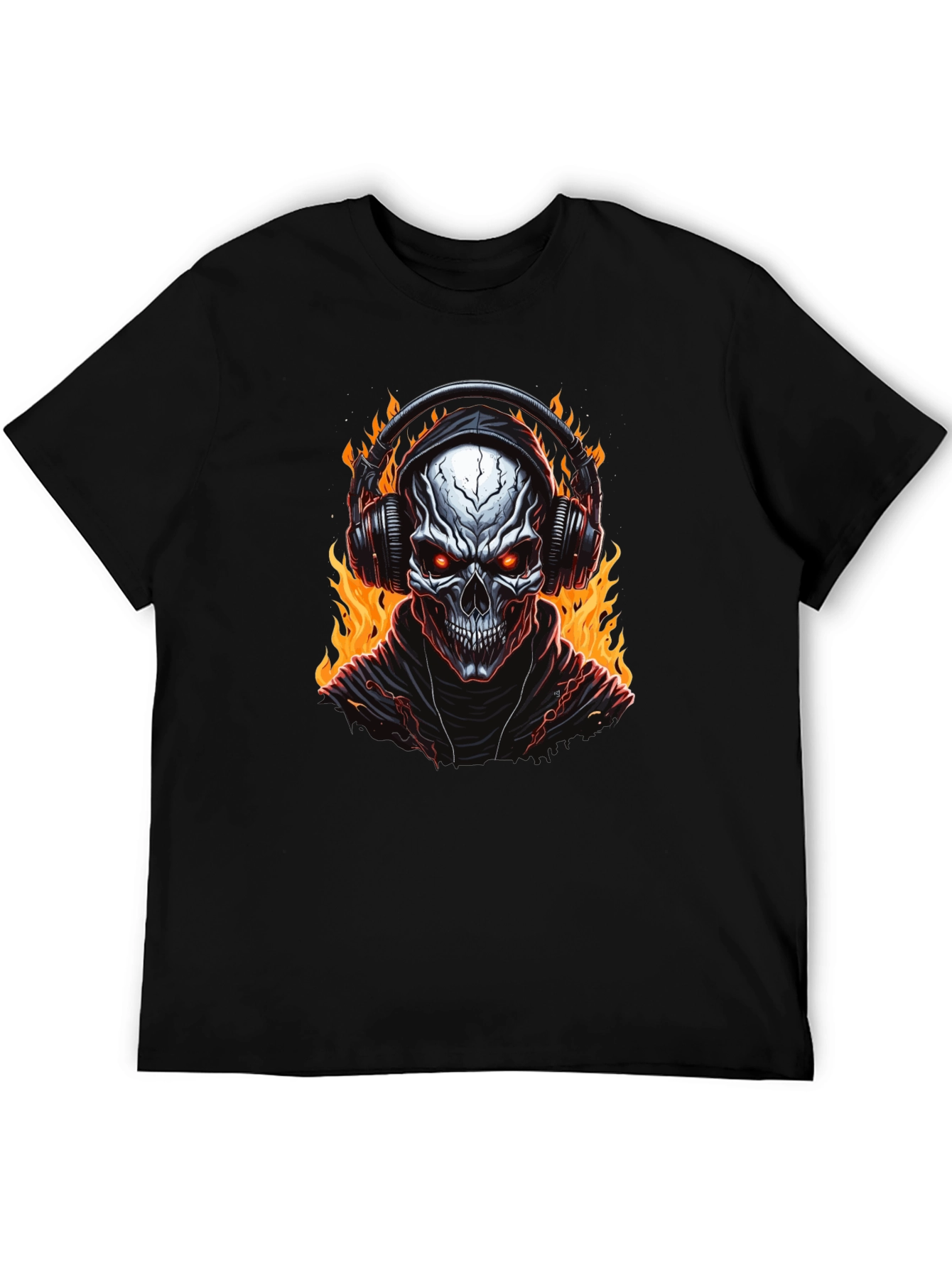 Skull Flames Headphones Graphic Tee - Black