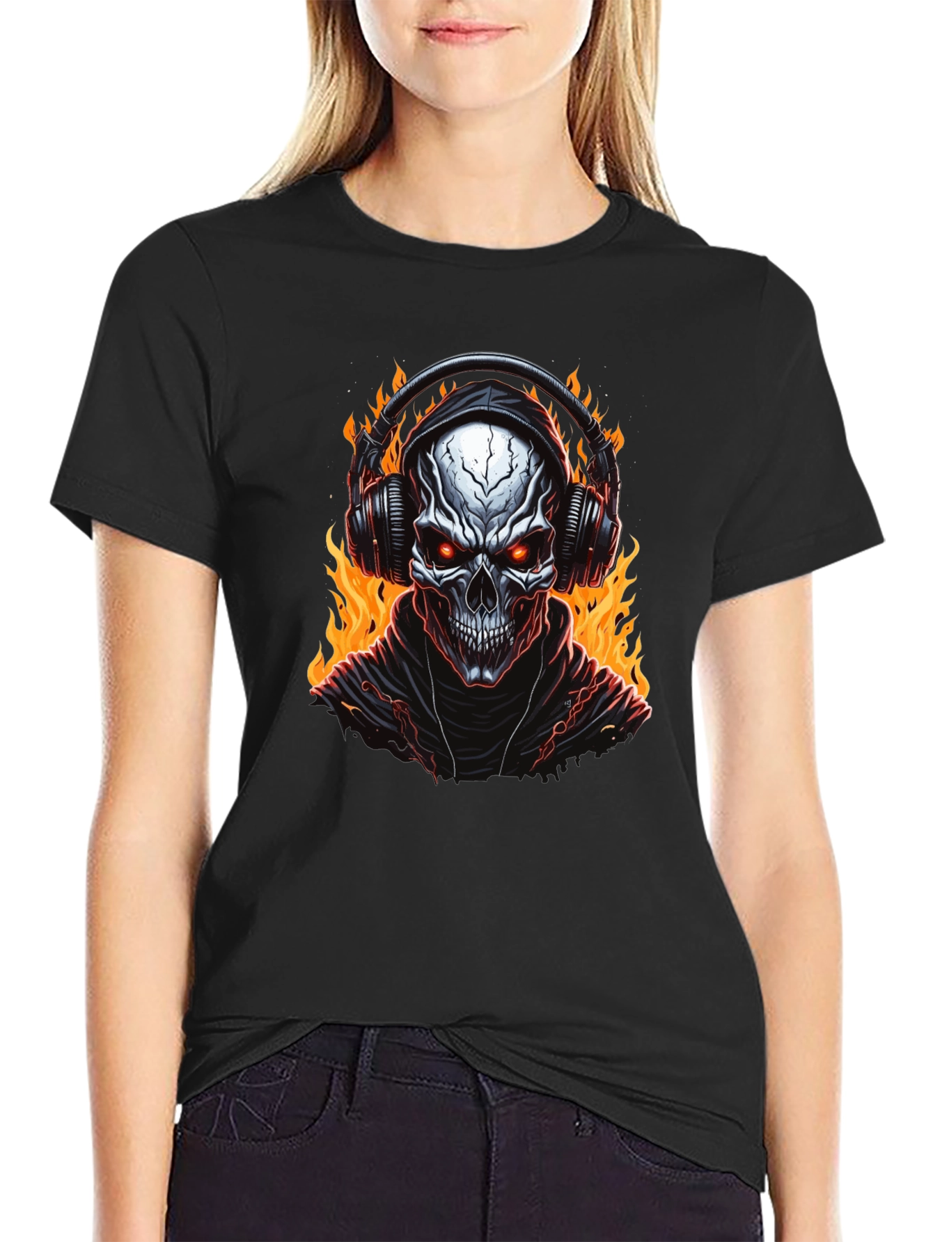 Skull Flames Headphones Graphic Tee - Black