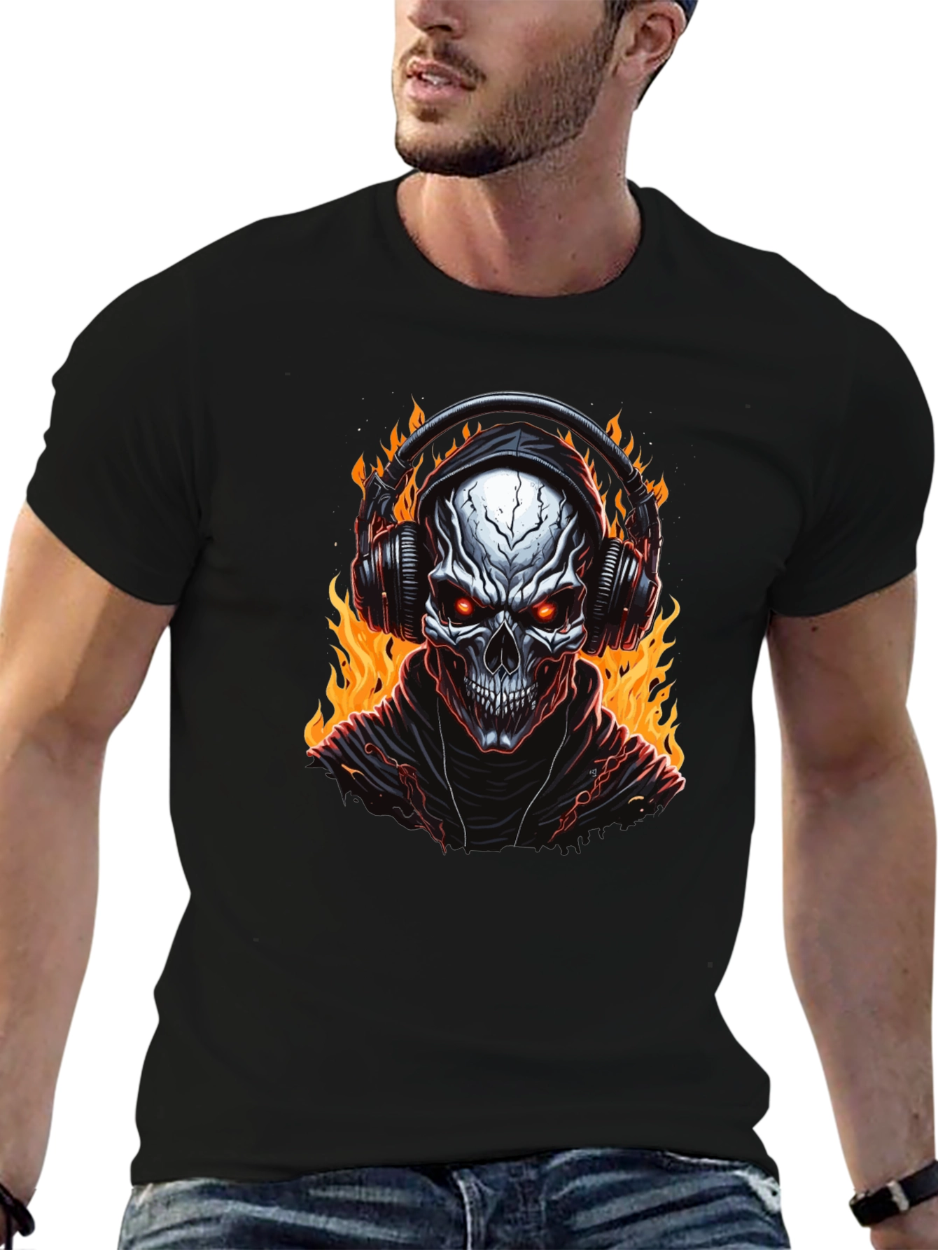 Skull Flames Headphones Graphic Tee - Black