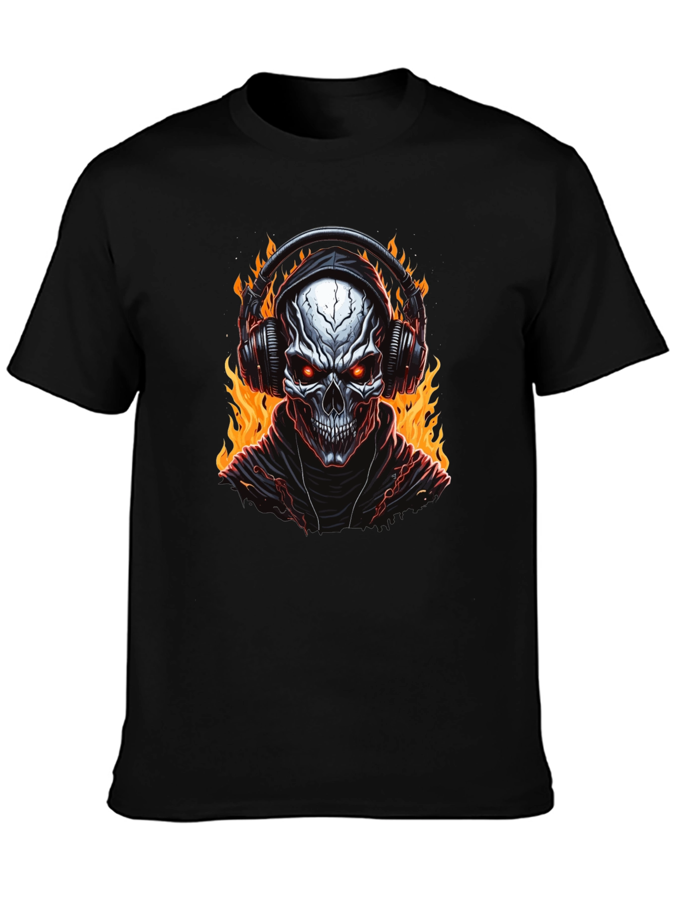 Skull Flames Headphones Graphic Tee - Black