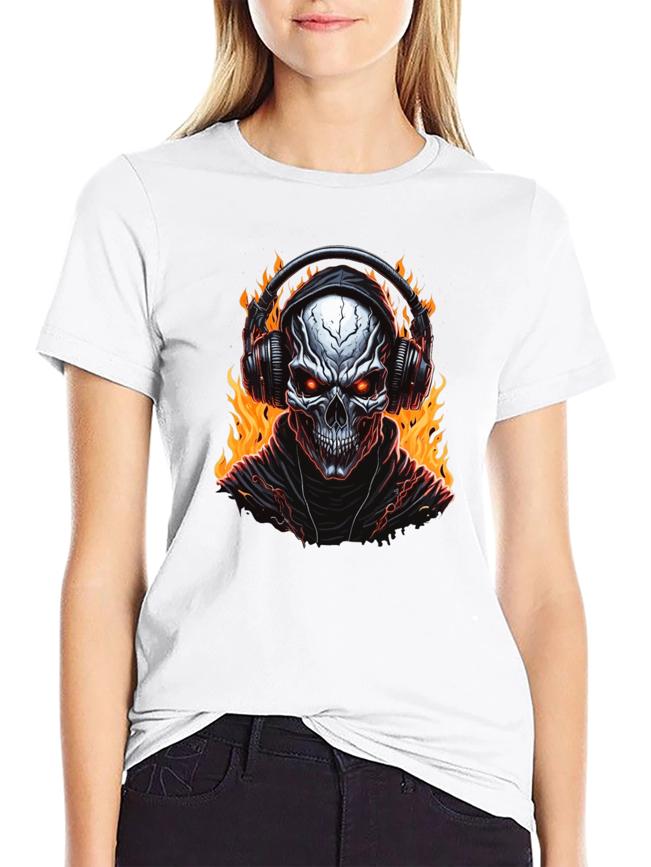 Skull Flames Headphones Graphic Tee - Black