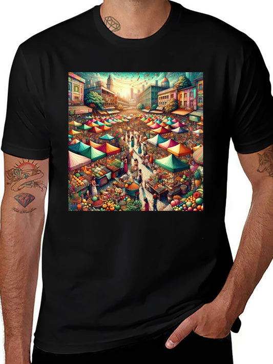 Vibrant Market Graphic Tee - Black Cotton Blend
