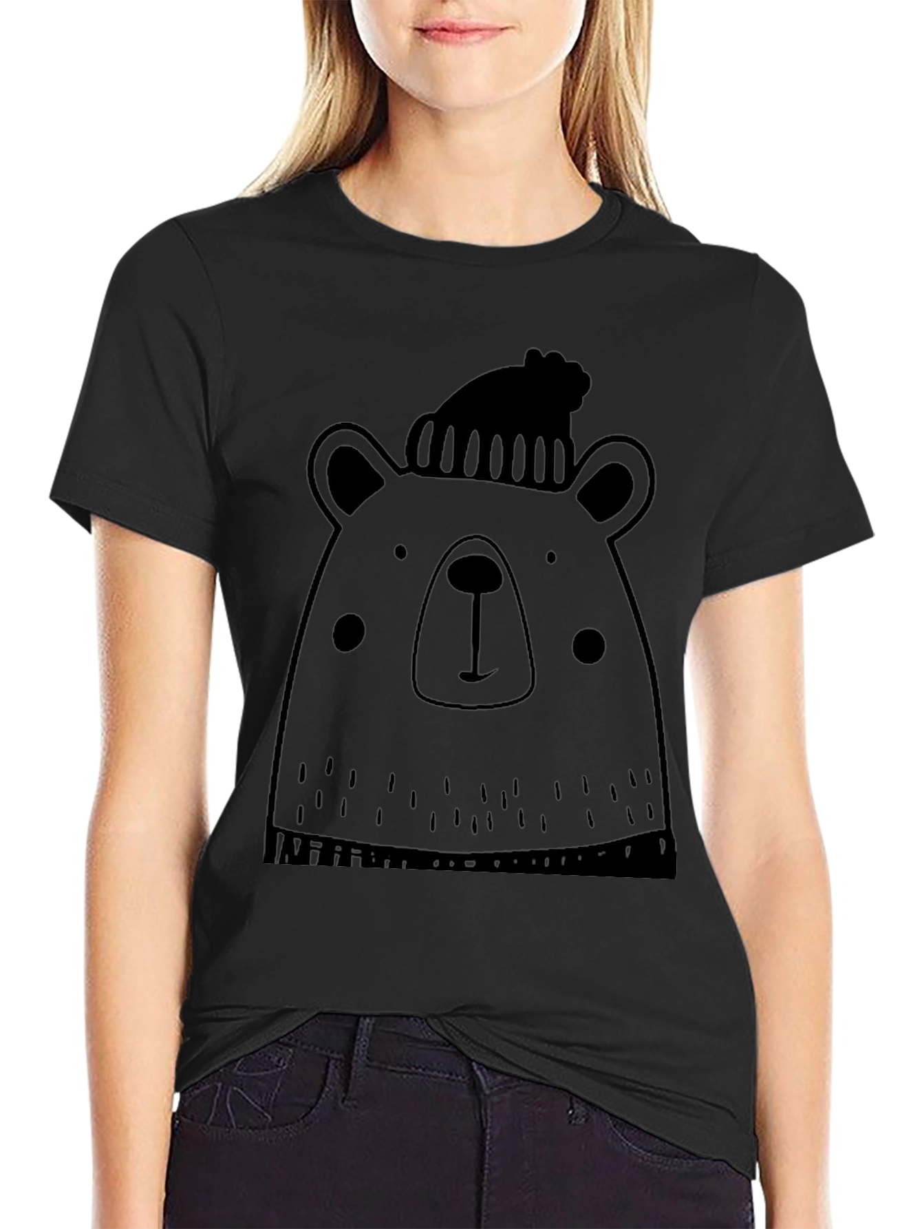 Bear with Beanie Graphic Tee - Soft Black T-Shirt
