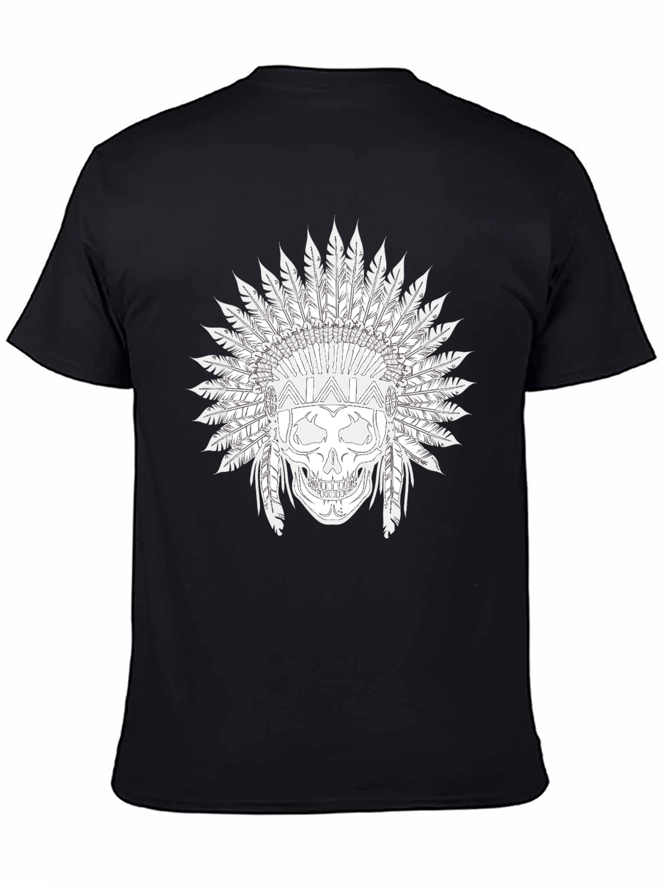 Black Skull T-Shirt with Feather Headdress Design