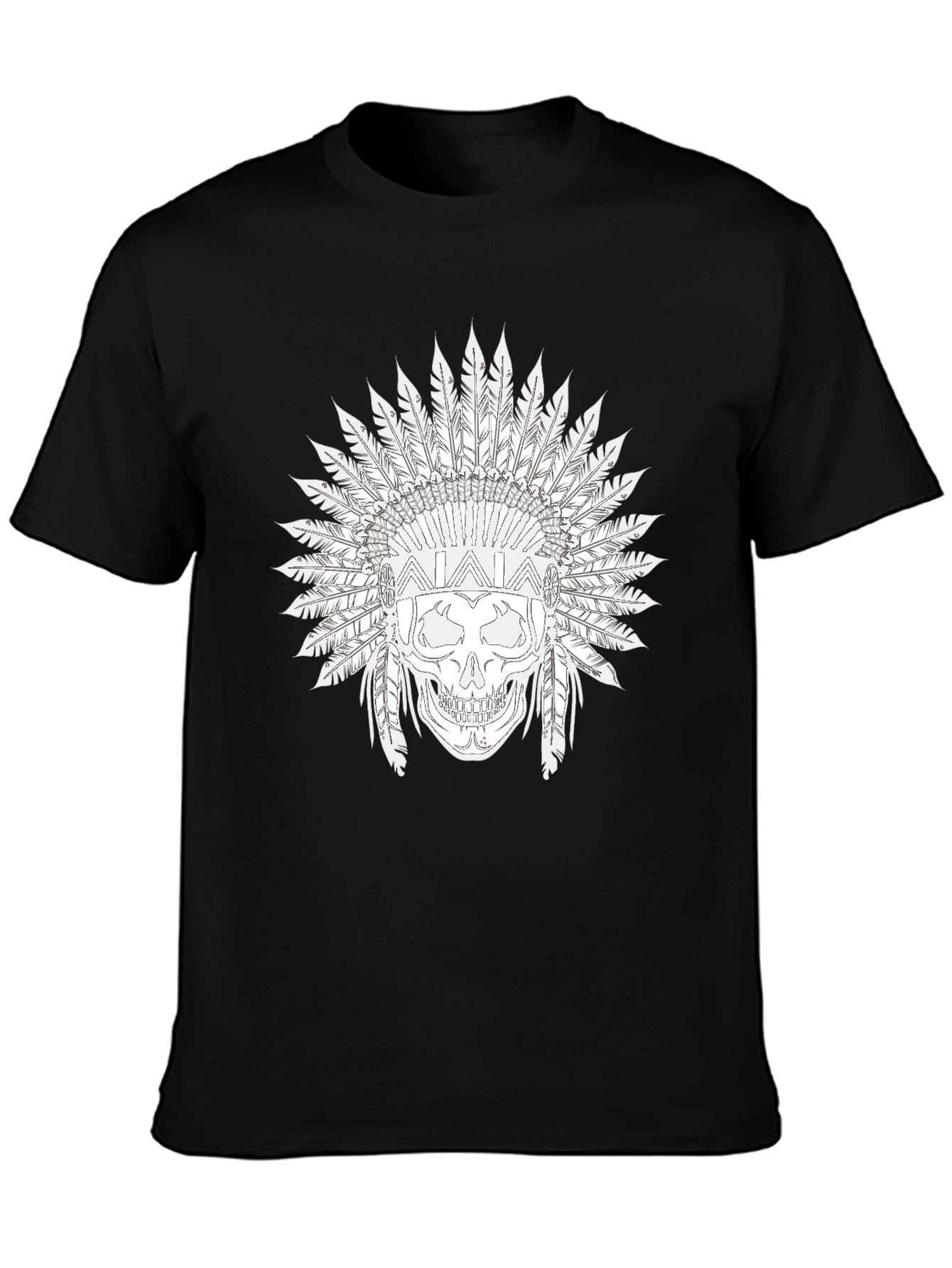 Black Skull T-Shirt with Feather Headdress Design