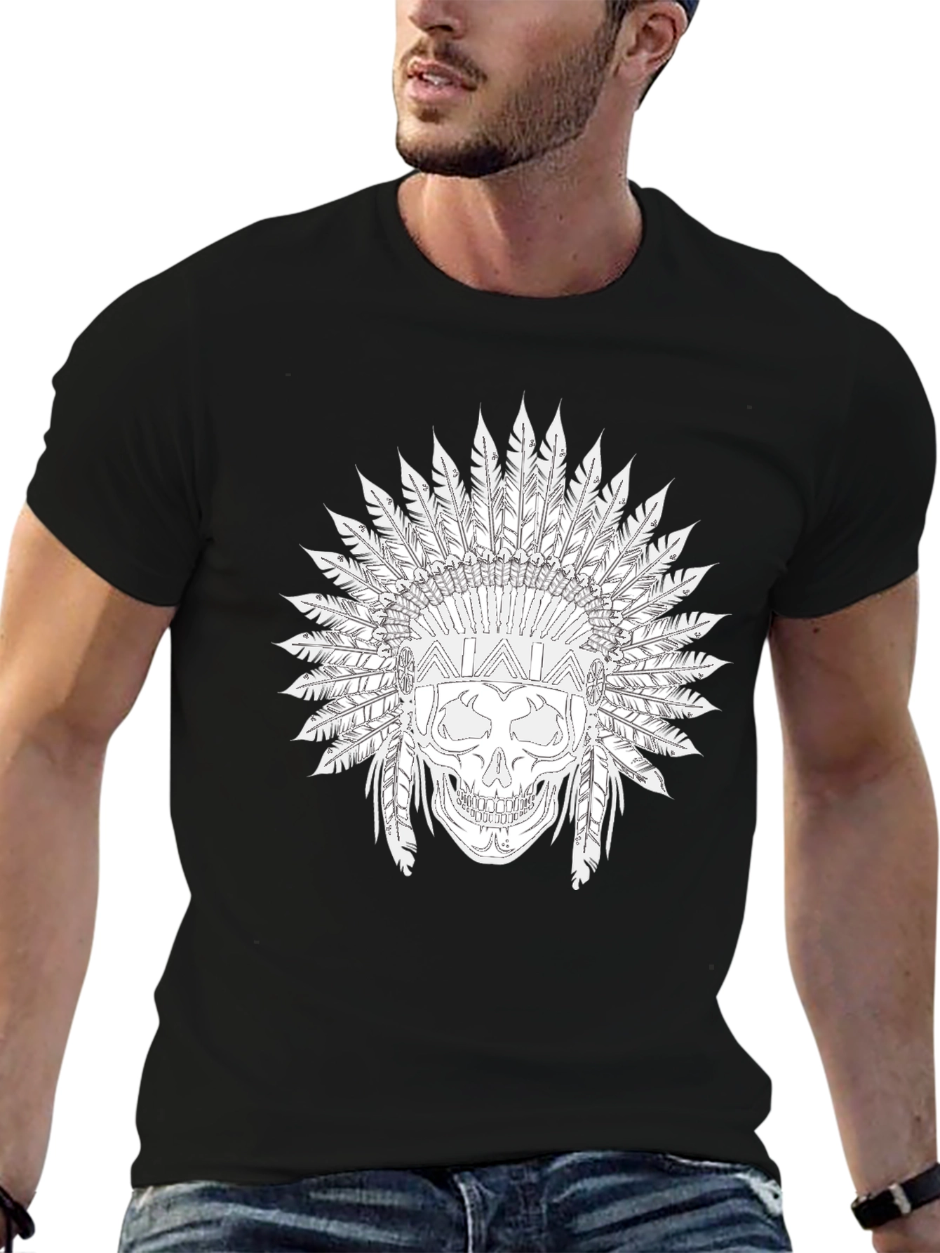 Black Skull T-Shirt with Feather Headdress Design