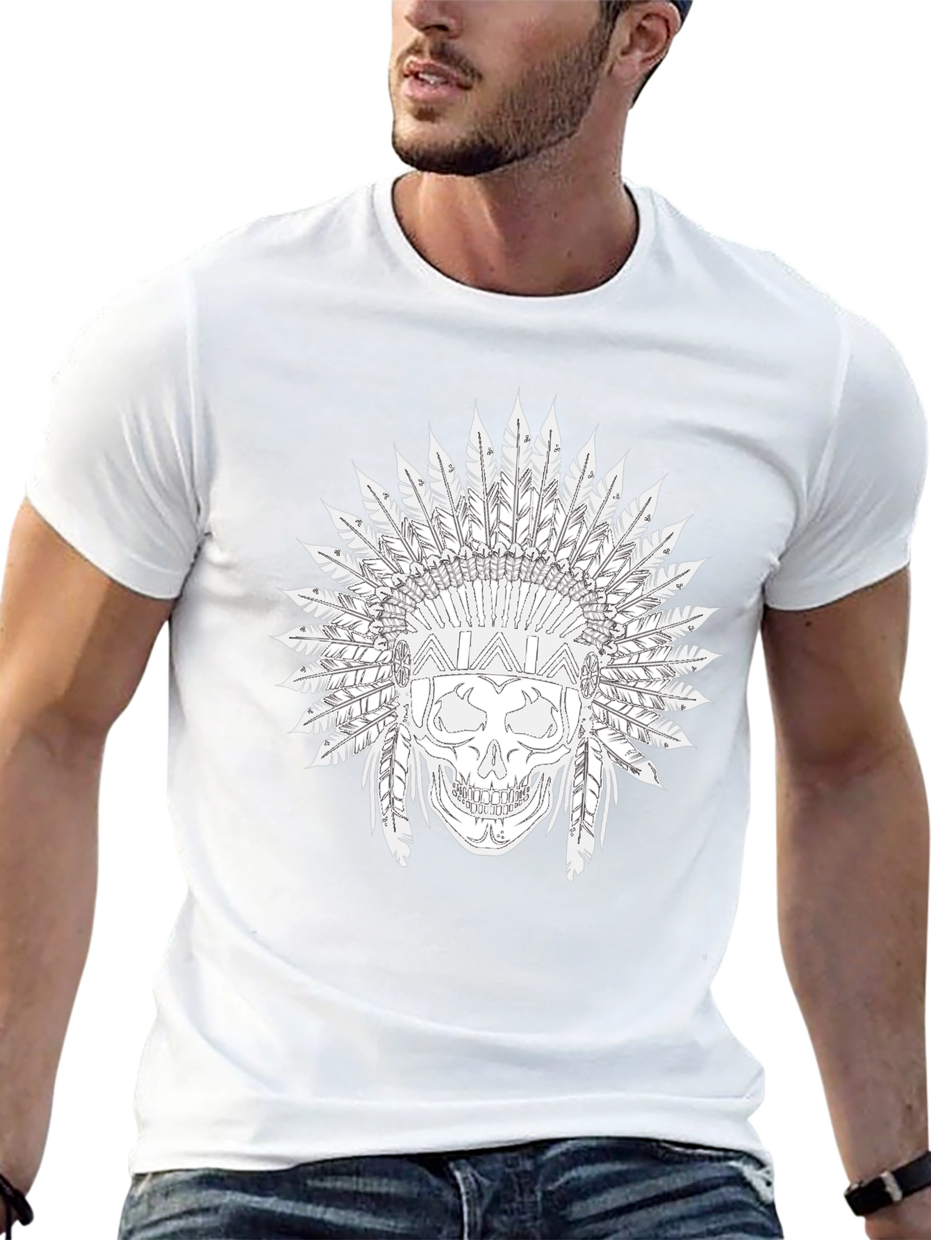 Black Skull T-Shirt with Feather Headdress Design