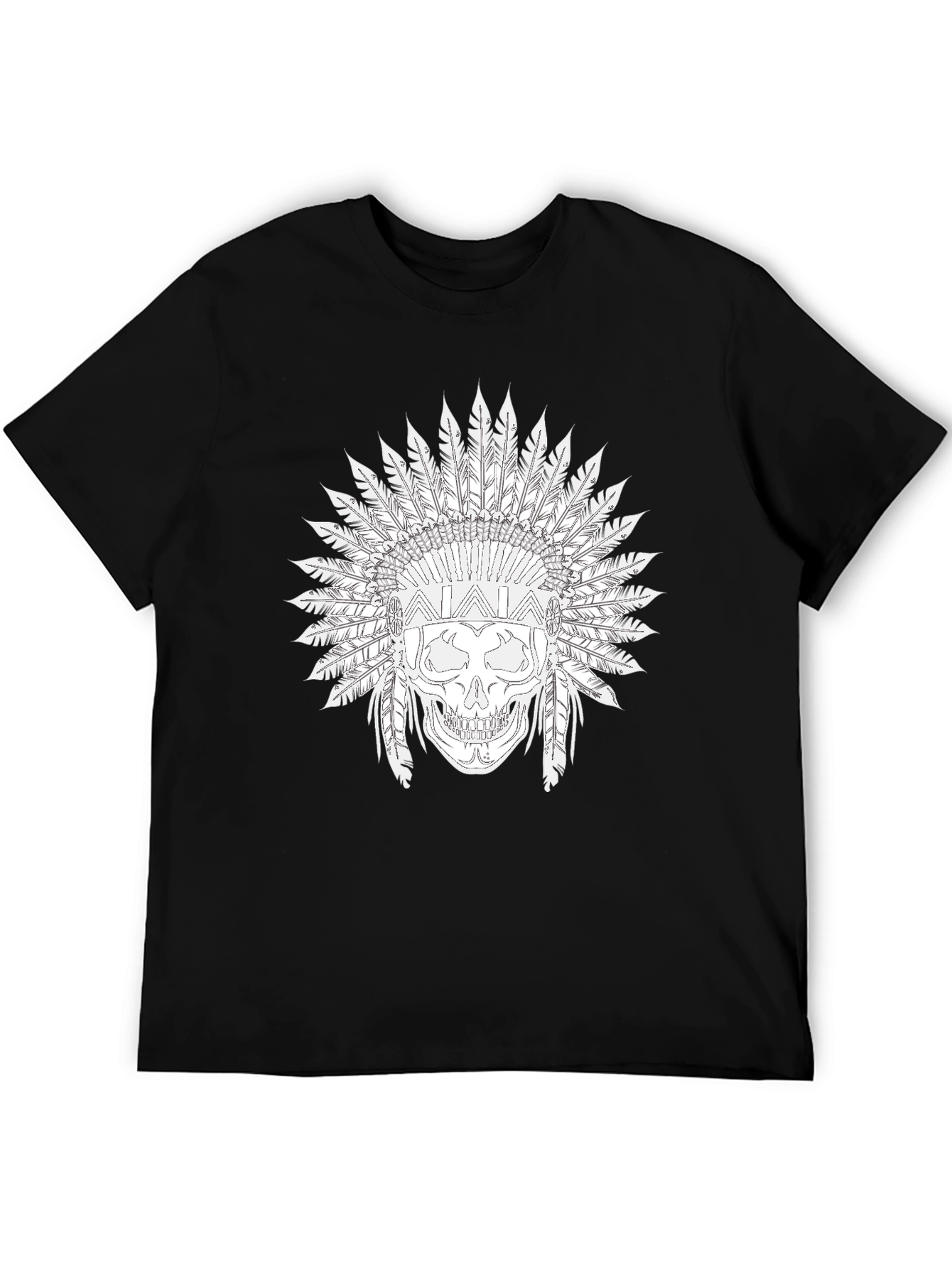 Black Skull T-Shirt with Feather Headdress Design
