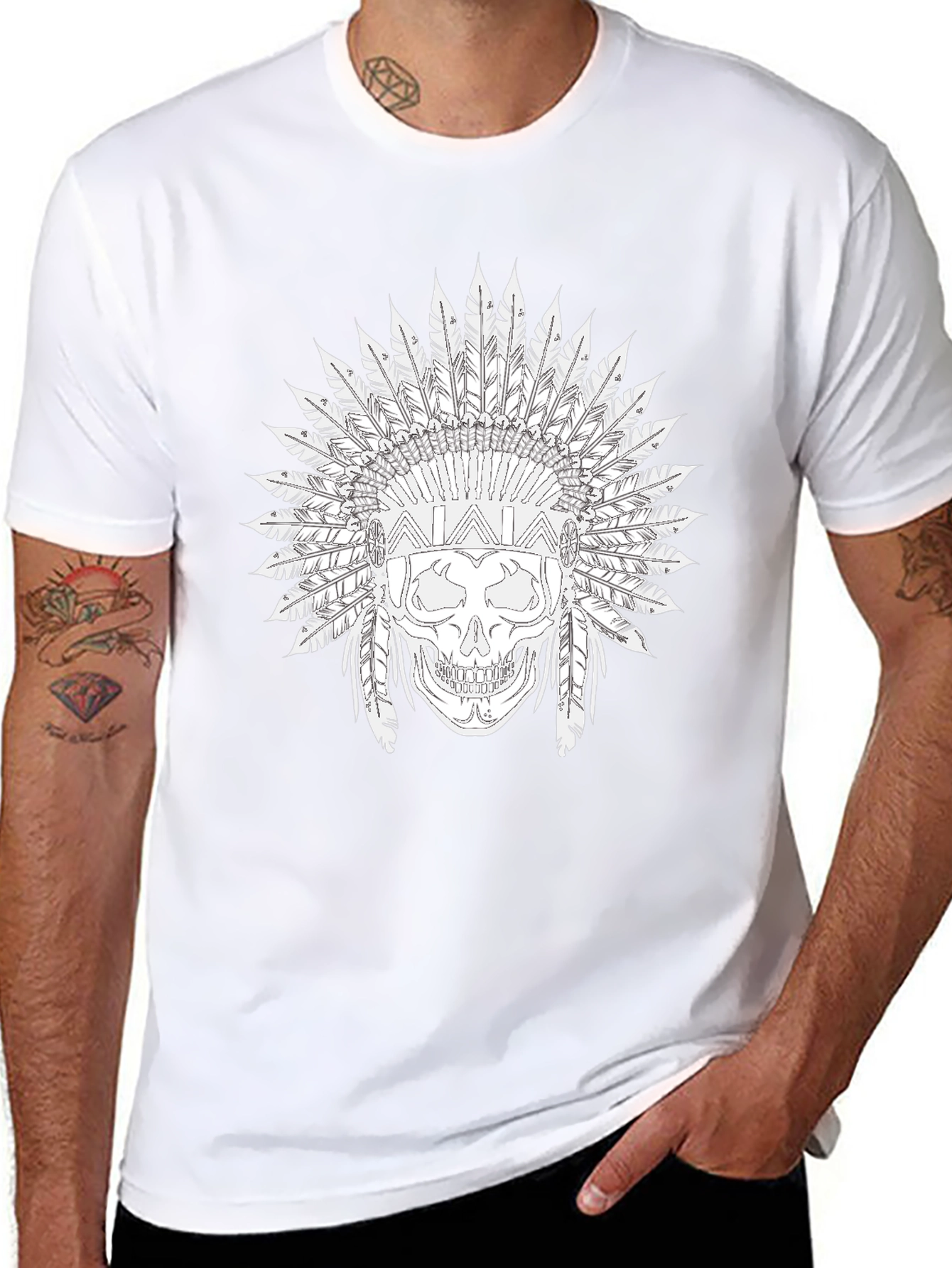 Black Skull T-Shirt with Feather Headdress Design