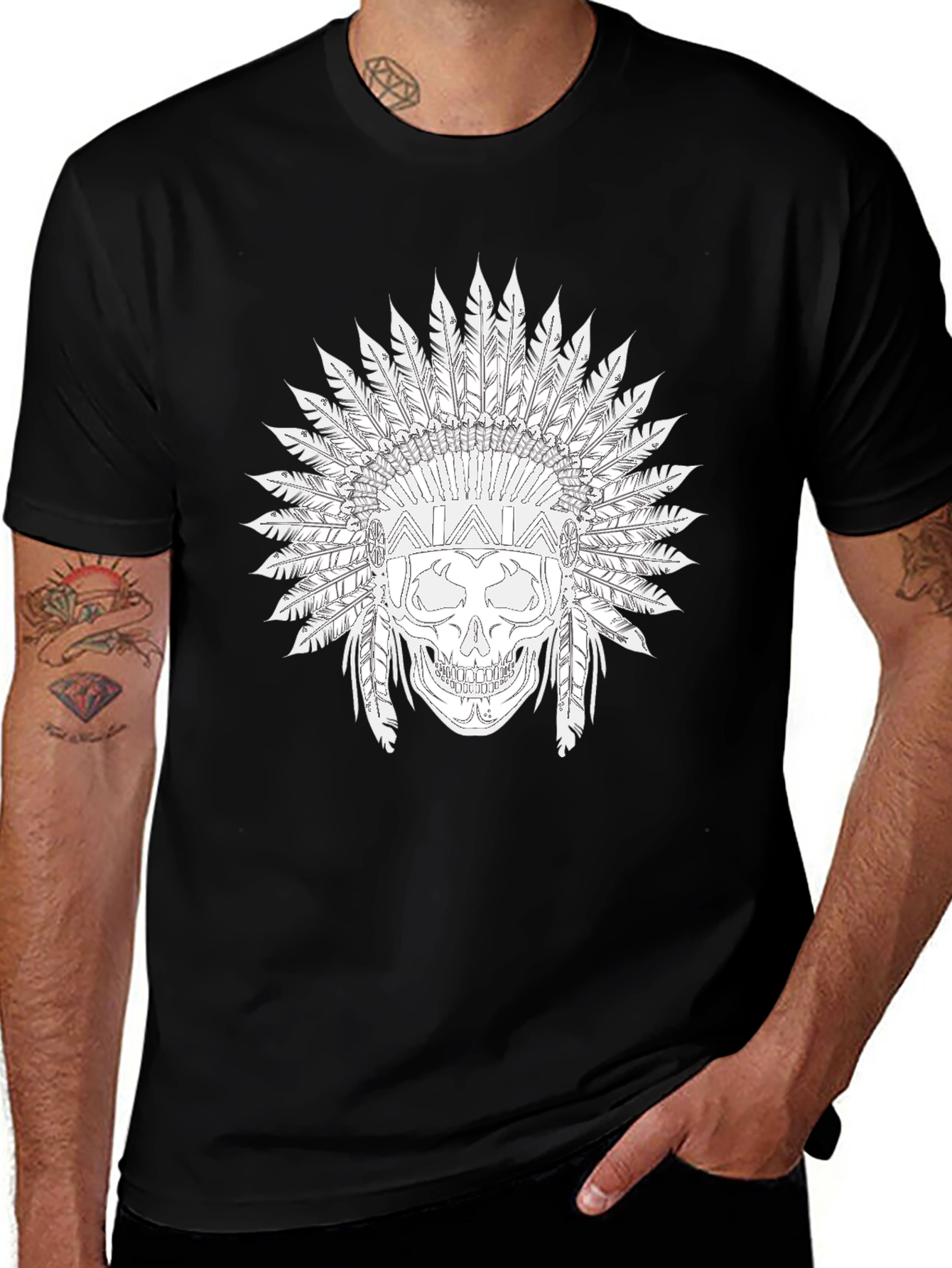 Black Skull T-Shirt with Feather Headdress Design